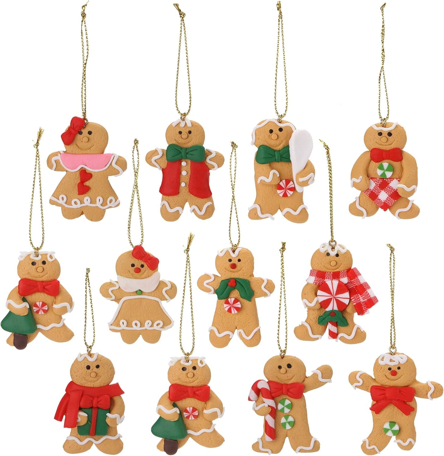 Sea Team Assorted Clay Figurine Ornaments Traditional Gingerbread Man Doll Gingerman Hanging Charms Christmas Tree Ornament Holiday Decorations, 1.97 inches, Set of 12