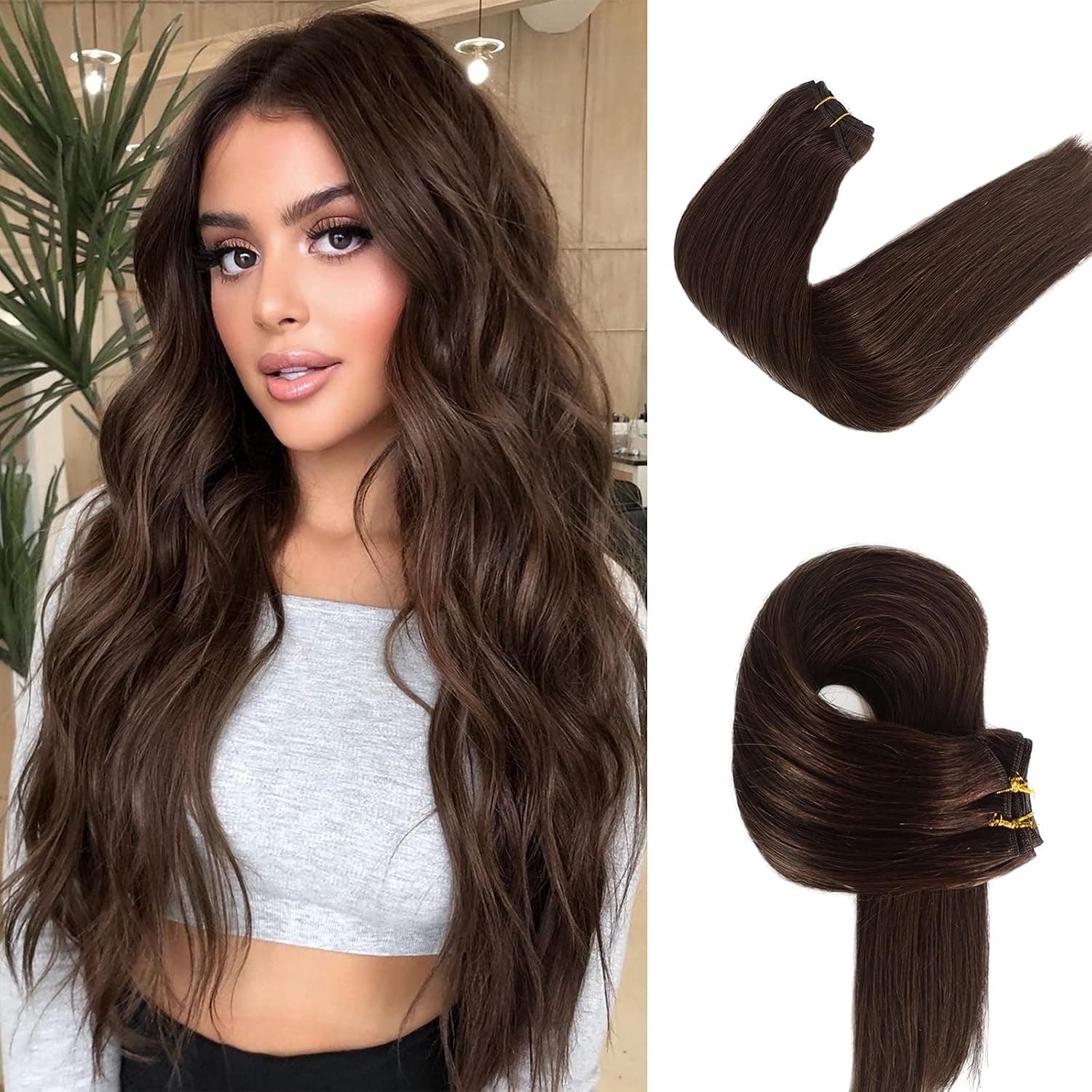 Sew in Hair Extensions Dark Brown for Women 14inch Dark Brown Human Hair Extensions