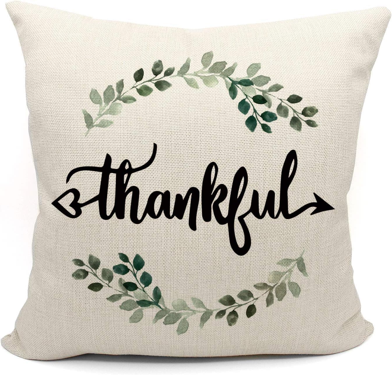 Thankful Throw Pillow Case, Thanksgiving Gifts, Housewarming Gifts Family Room Decor, Farmhouse Beach Porch Bench Gift, 18 x 18 Inch Decorative Cotton Linen Cushion Cover for Sofa Couch Bed