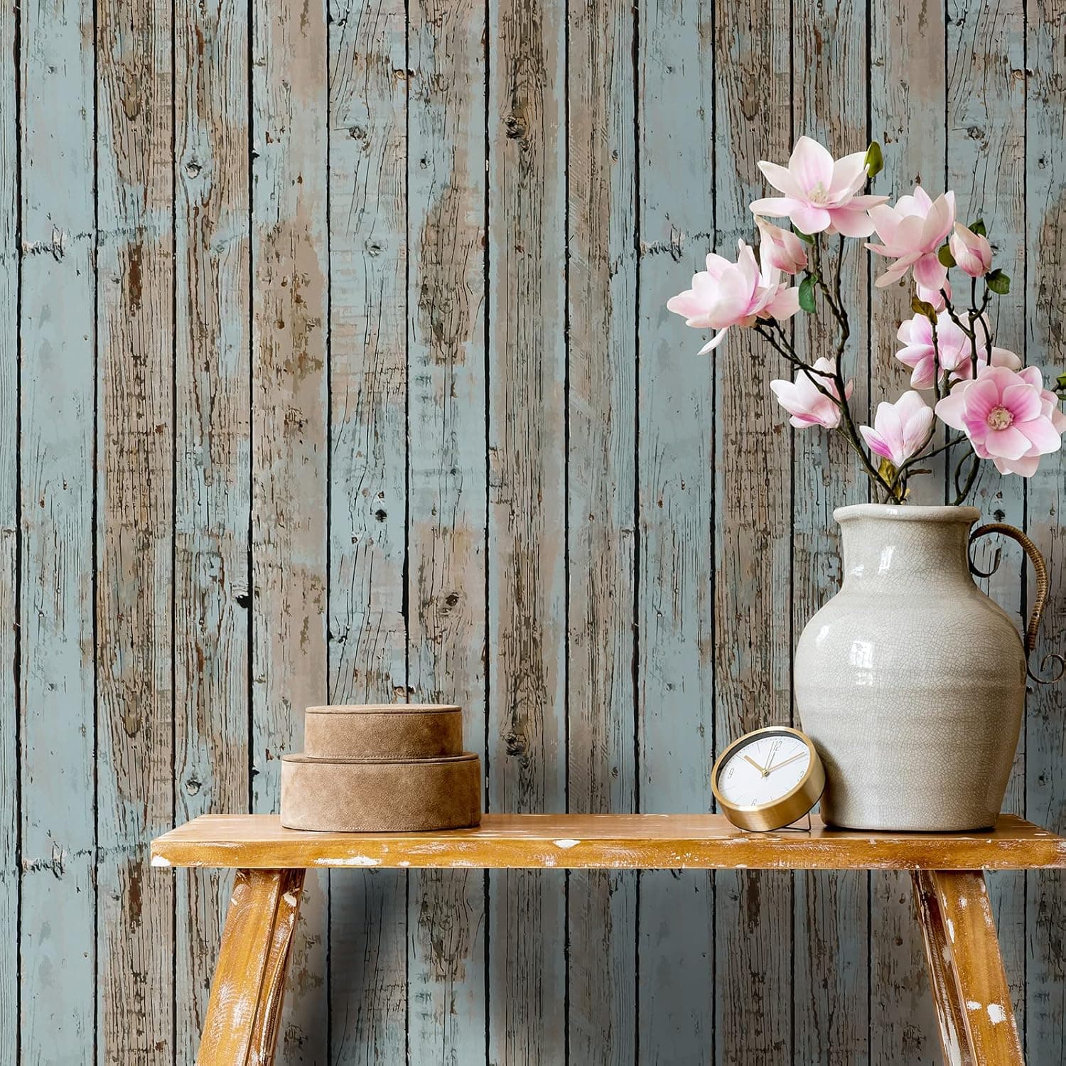 17.7''x100'' Blue Distressed Wood Plank Wallpaper Peel and Stick Shiplap Wallpaper Rustic Self Adhesive Removable Wood Grain Contact Paper Wood Vinyl Wrap for Bedroom Cabinet Shelf Liner Walls Renters