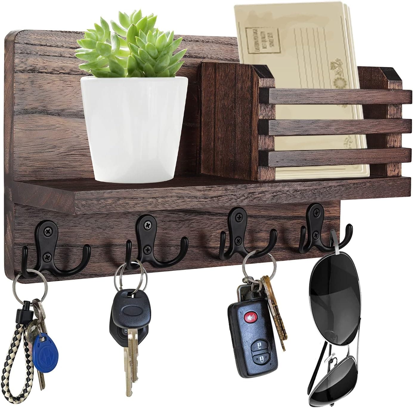 Wooden Key Holder for Wall Mail Organizer Sorter with 4 Double Key Hooks for Entryway, Storage, Living Room, Hallway(Brown)