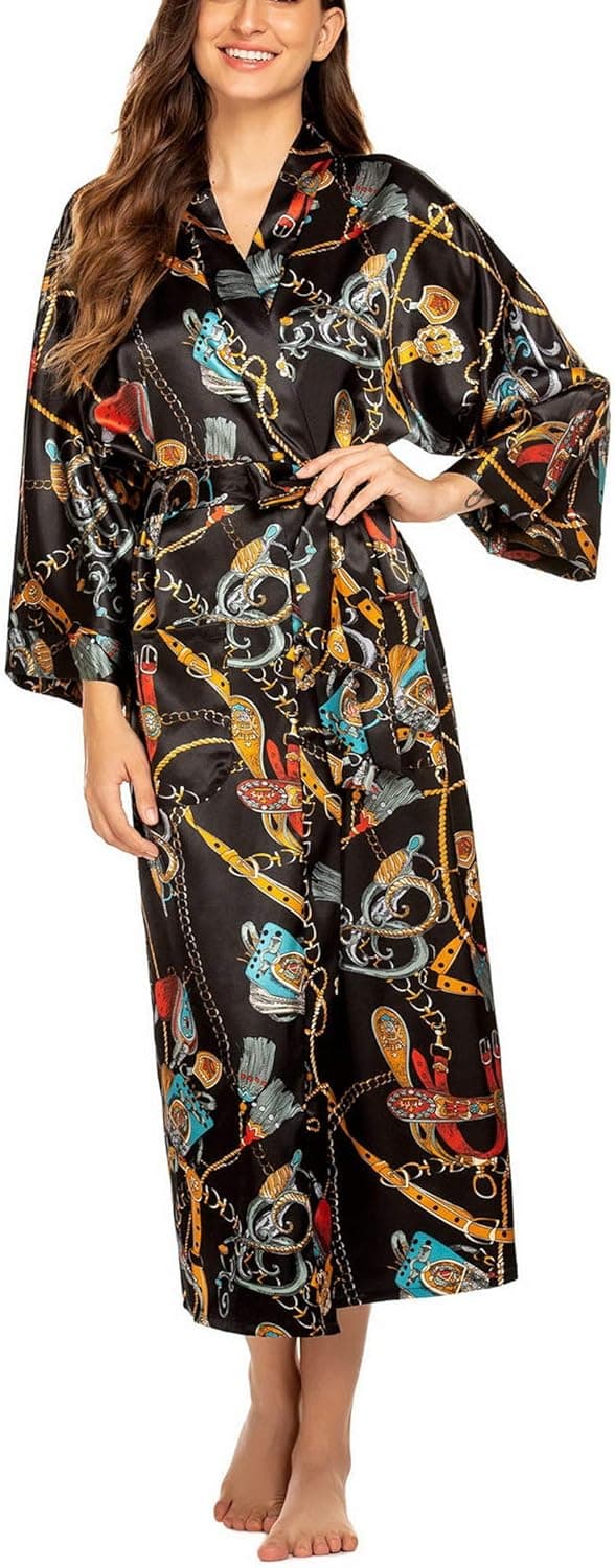 FINEJO Women Kimono Robe Silk Lightweight Long Robes Satin Bathrobe Soft Sleepwear V-Neck Ladies Loungewear S-XXL