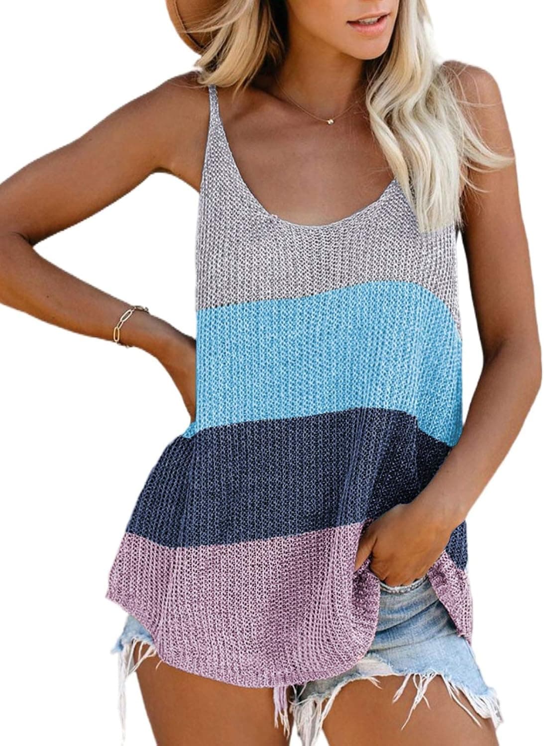 Zecilbo Women's Knitted Cami Tank Top Sleeveless Scoop Neck Color Block Strappy Shirts A Blue