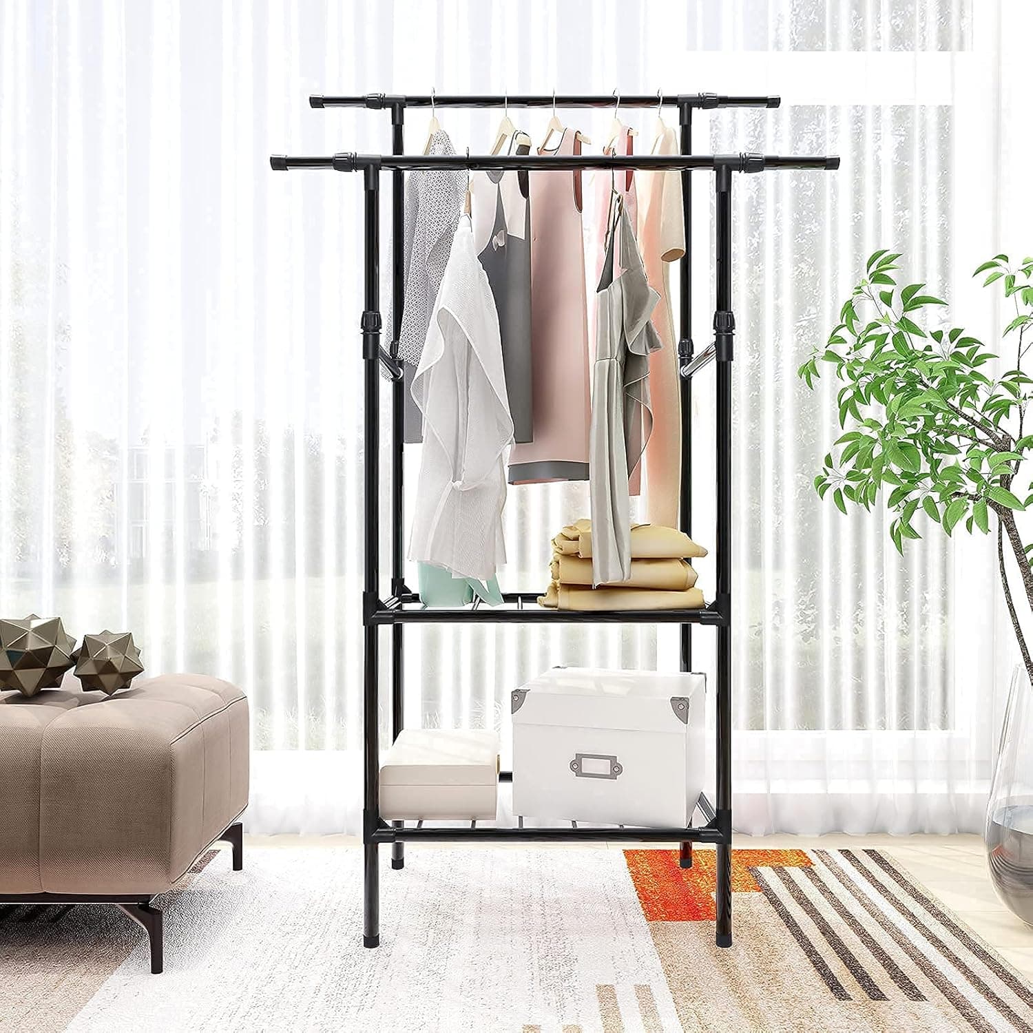 Jecpuo Double Rails Clothes Rack Metal Garment Racks with 2-Tier Bottom Shelves Heavy Duty Clothes Organizer Rack Freestanding Clothing Rack for Hanging Clothes