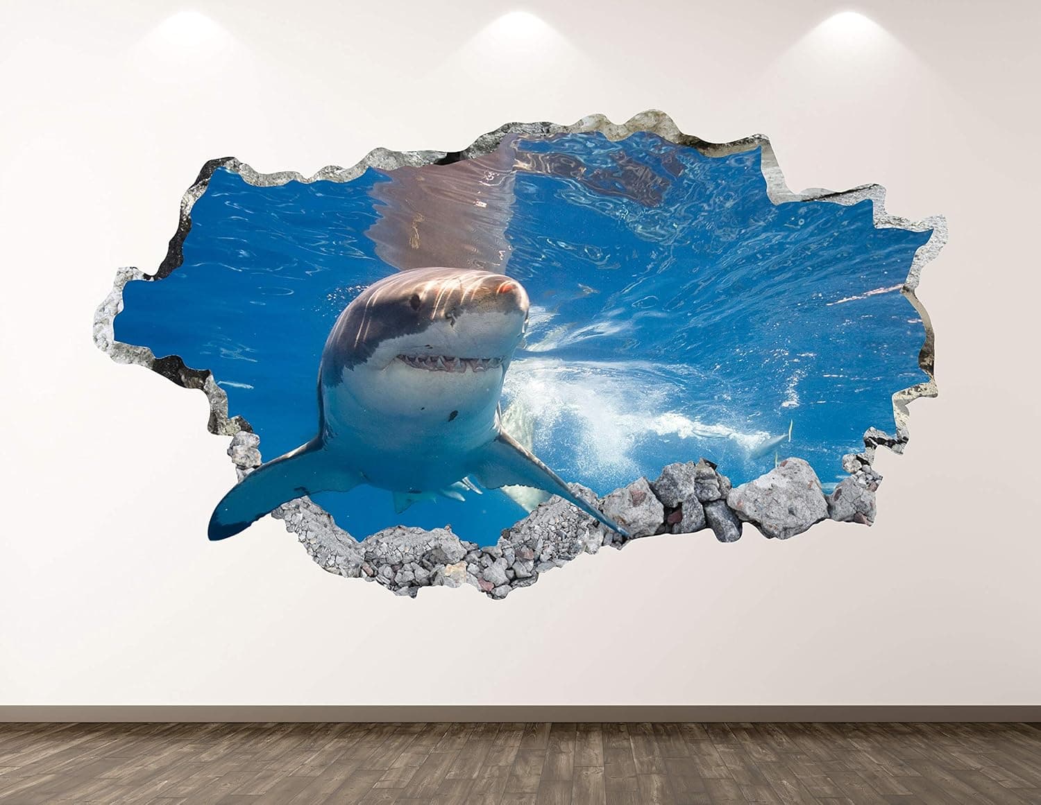 West Mountain Shark Wall Decal Art Decor 3D Smashed Kids Animal Sticker Mural Boys Custom Gift BL26 (42" W x 24" H)