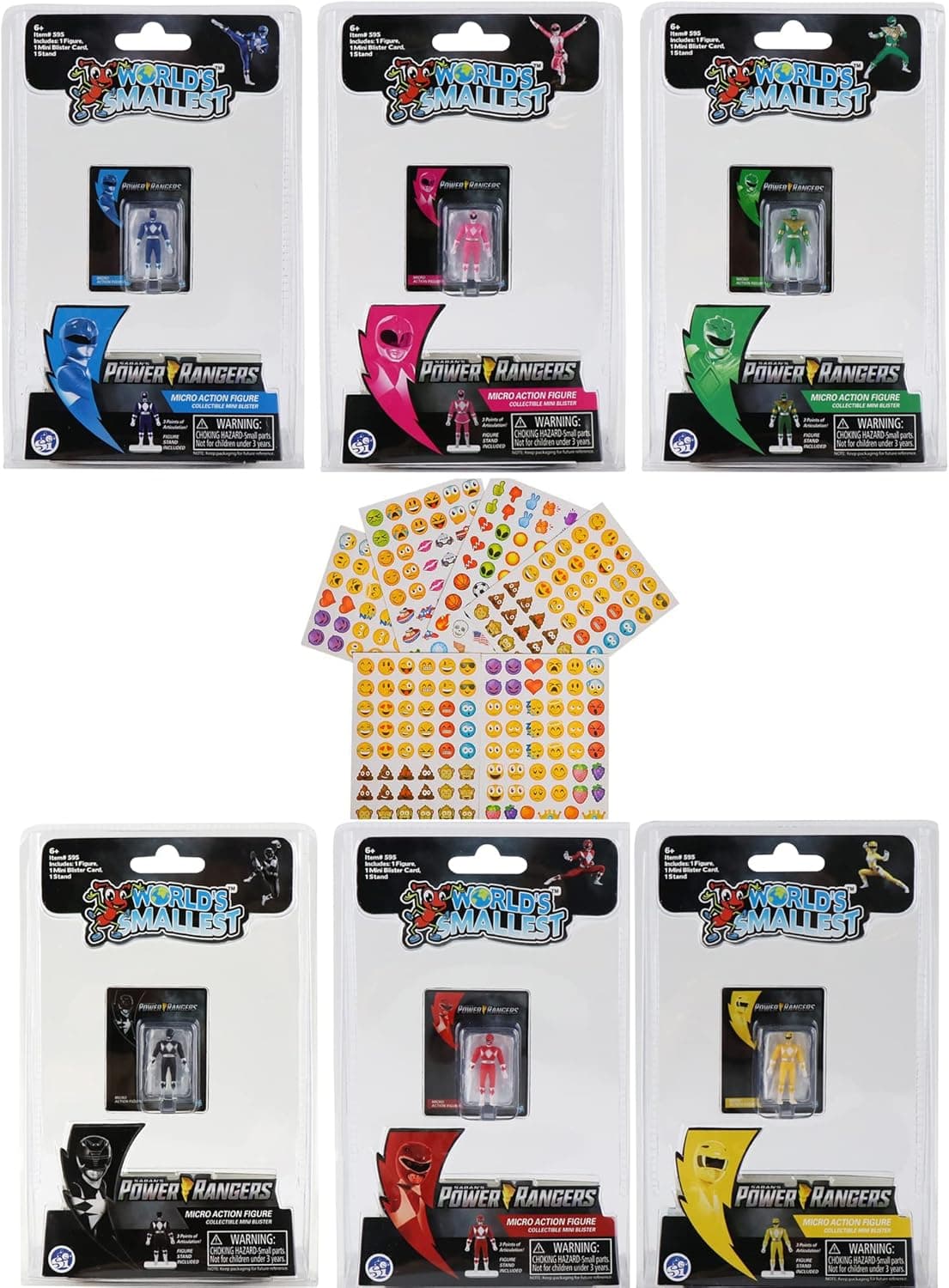 World's Smallest Power Rangers Bundle Set of 6 Mini Figures Yellow - Red - Pink - Green - Blue - Black - Plus Emoji Sticker Set