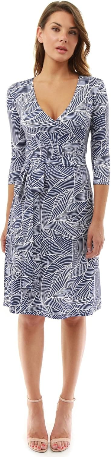 PattyBoutik Women Faux Wrap A Line Dress (Navy Blue and White10 Medium)