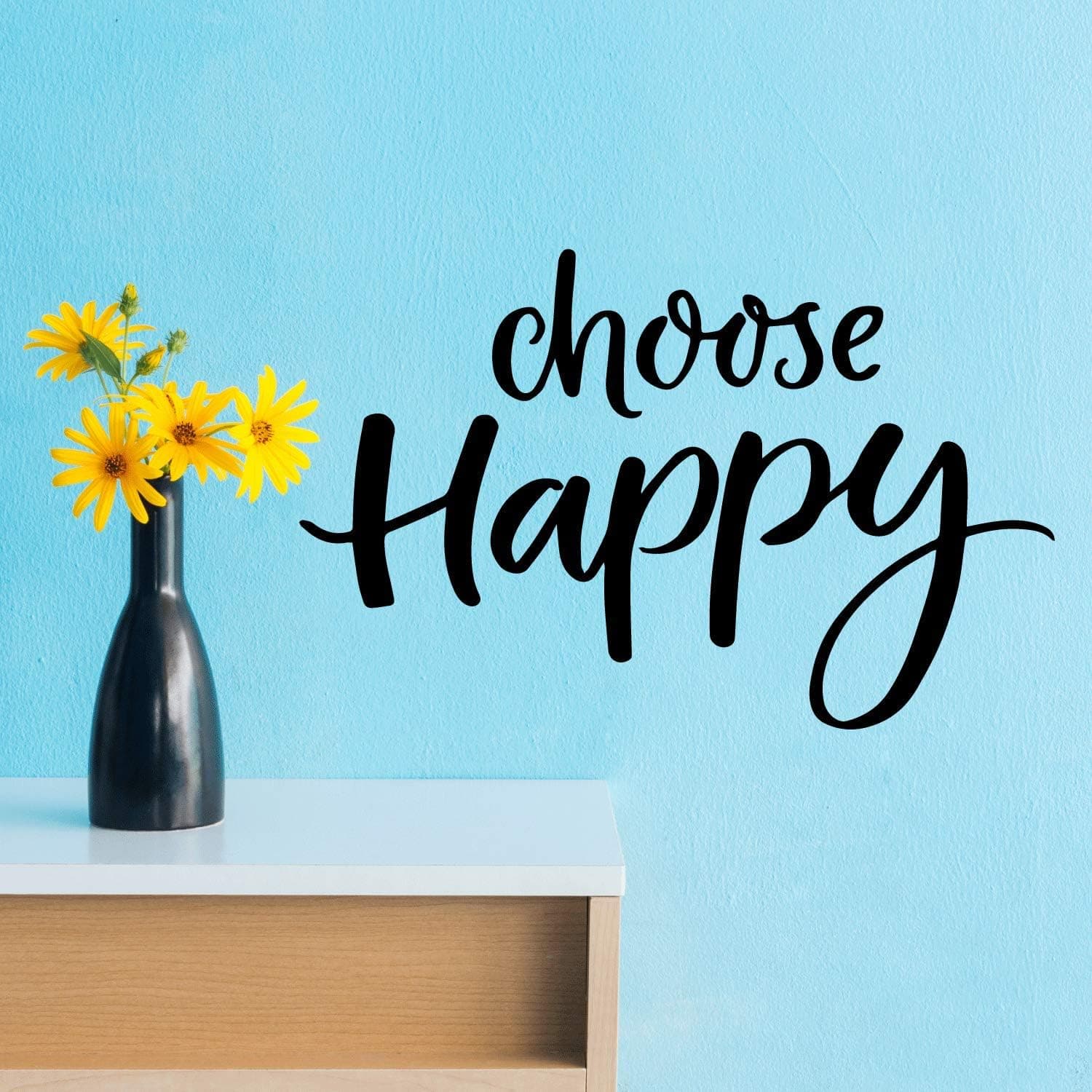 Choose Happy Wall Decal | Large Wall Sticker (14 in. H x 22 in. W) | Motivational Wall Quote for Home Decor | Uplifting Inspirational Vinyl Wall Art (Black)