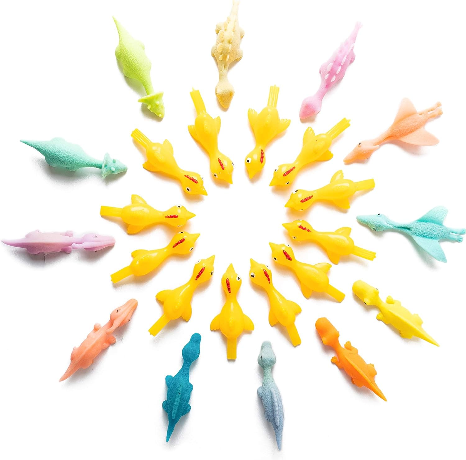 MALLMALL6 29Pcs Slingshot Chicken and Dinosaur Set Including Yellow Rubber Chicks Stretchy Finger Flying Dinosaur and Target Interesting Toys Easter Party Activity Game with Friends for Kids