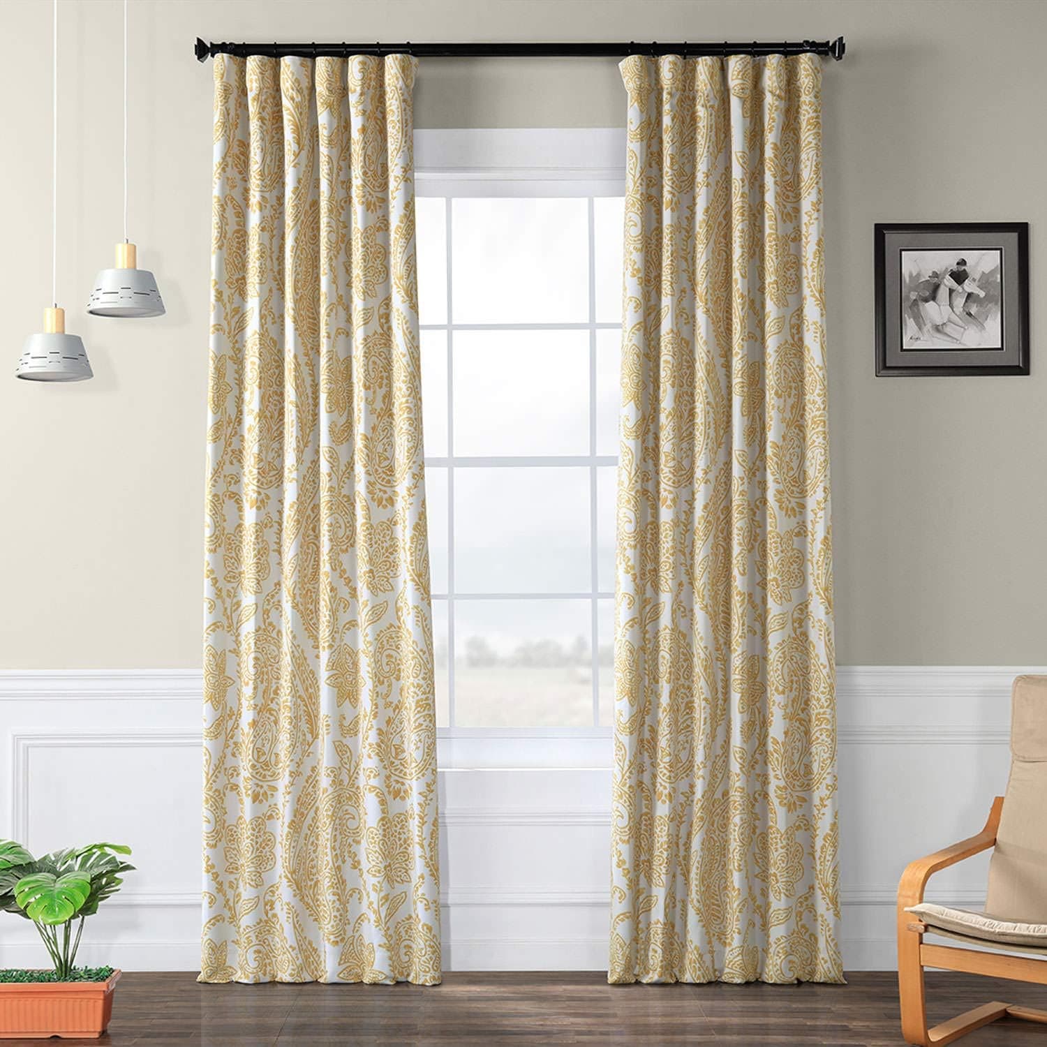 HPD Half Price Drapes Printed Room Darkening Curtains for Bedroom, Living Room 50 X 96 (1 Panel), BOCH-KC16072C-96, Tea Time Yellow Gold