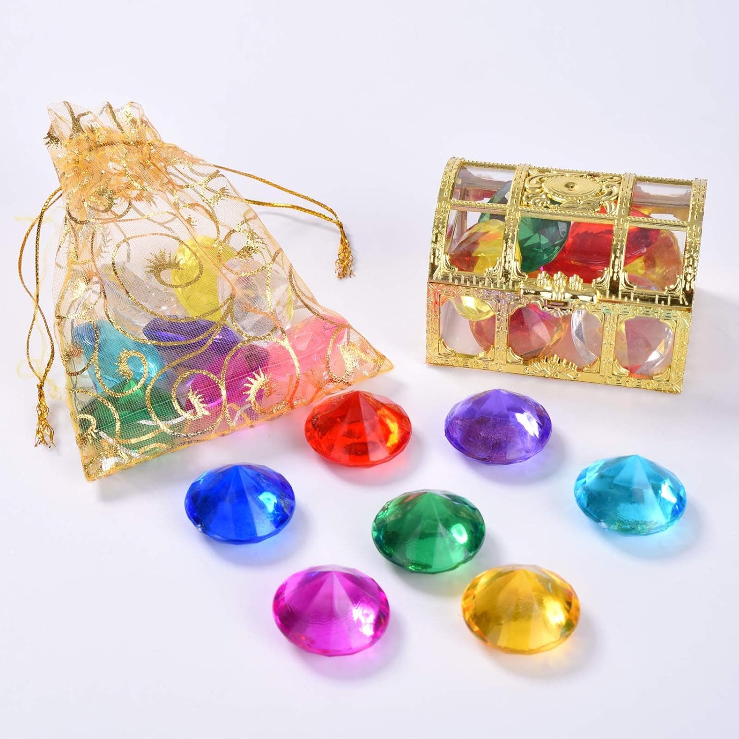 Hercugifts Diving Gem Pool Toy 9 Diamond Set with Treasure Pirate Box and Golden Mesh Bag Summer Swimming Gem Pirate Diving Toys (Golden)