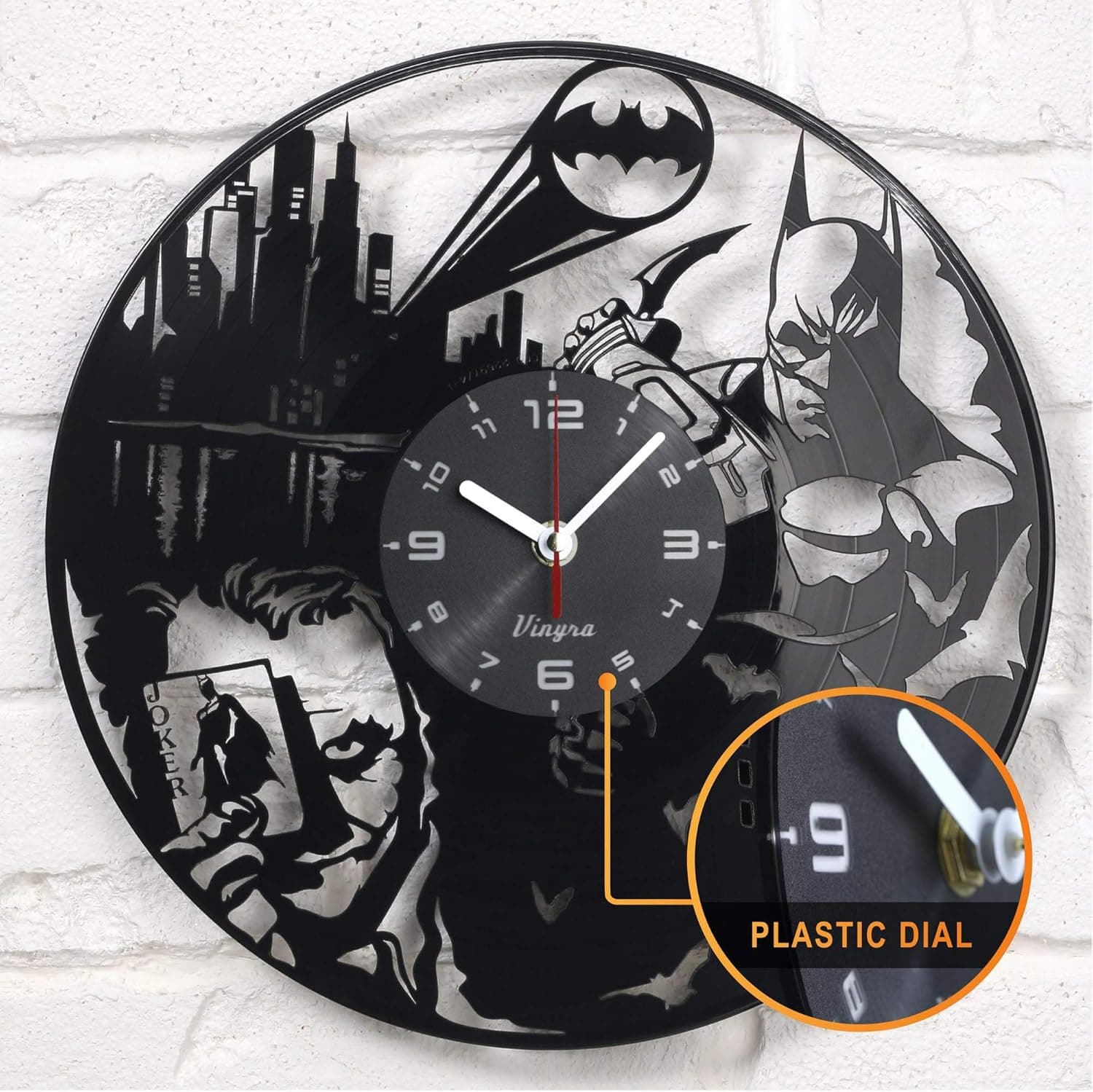 Vinyra Vinyl Wall Clock compatible with Batman vs Joker Themed Decoration Home Gift Set Idea for Men Women Boys Room Wall Art Decor 12” LP Record Clock, Black