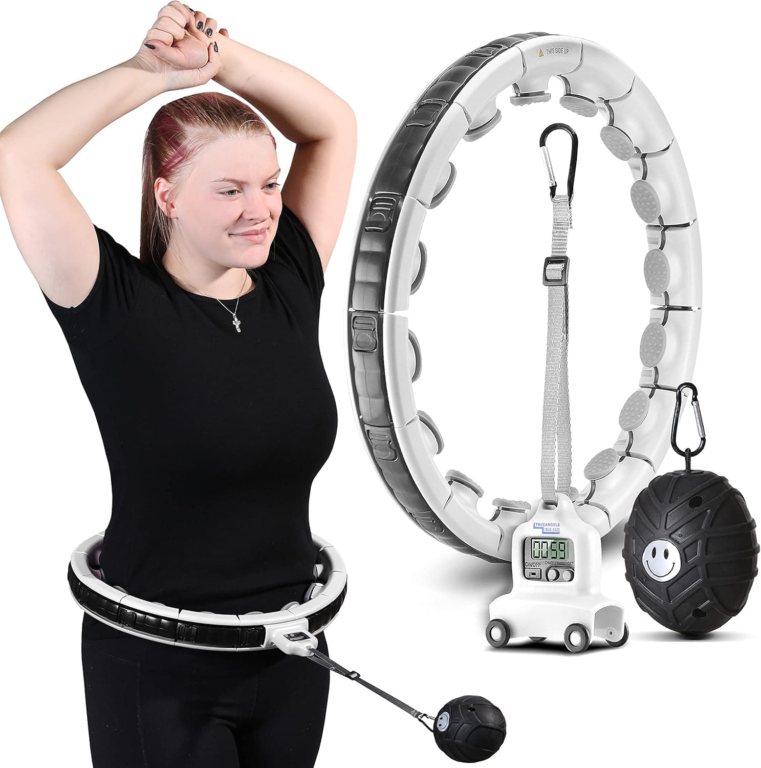 Upgraded 2 in 1 Smart Weighted Hula Hoop with Smart Timer and Massage Functions. Beginner Friendly and Adjustable Weighted Hula Hoop. TRUE-EAZE Smart Hula Hoop for Exercise and Fitness (White).