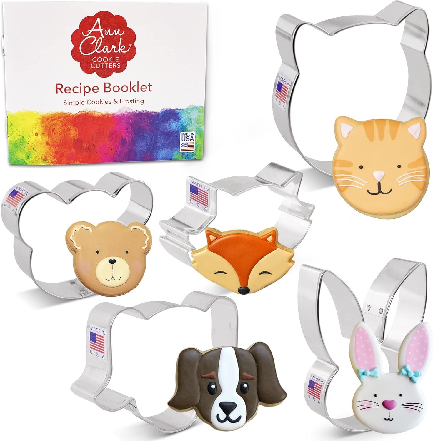 Ann Clark Cookie Cutters 5-Piece Animal Faces Cookie Cutter Set with Recipe Booklet, Cat Face, Dog Face, Bear Face, Raccoon/Fox Face, Bunny Face