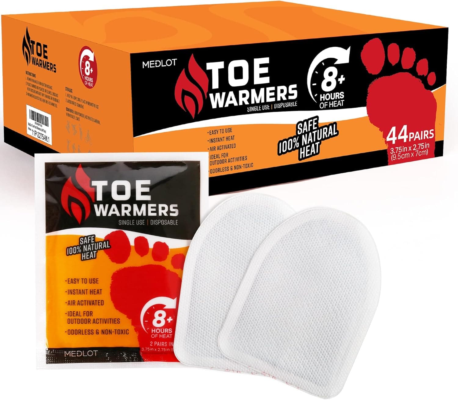 MEDLOT Toe Feet Warmers, 22/44 Pairs, Air-Activated Adhesive Warmers for Shoes and Boots-with Long-Lasting Heat Warmth