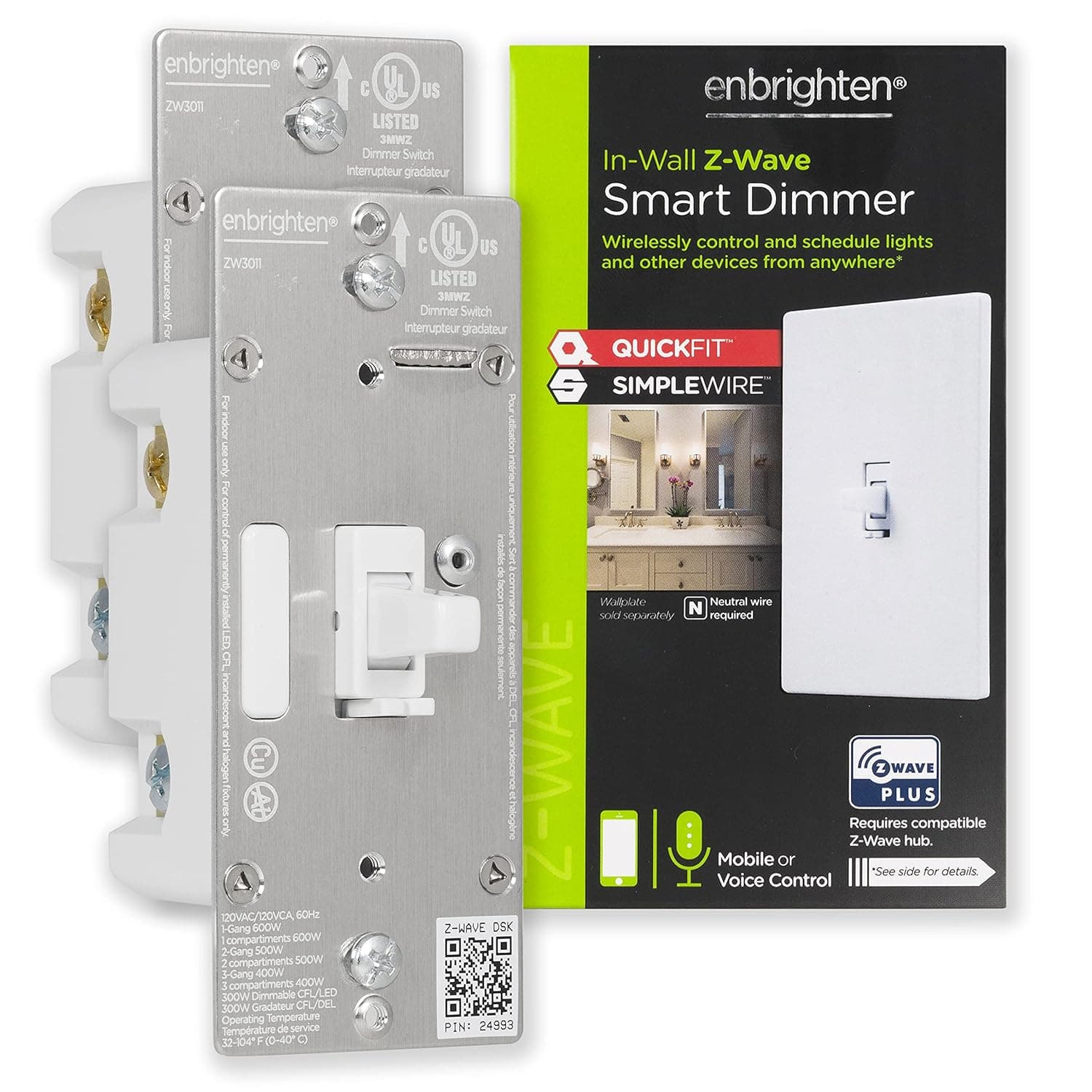 Enbrighten Z-Wave Plus Smart Light Dimmer 2-pack with QuickFit and SimpleWire, 3-Way Ready, Compatible with Alexa, Google Assistant, ZWave Hub & Neutral Wire Required, Toggle, 47897