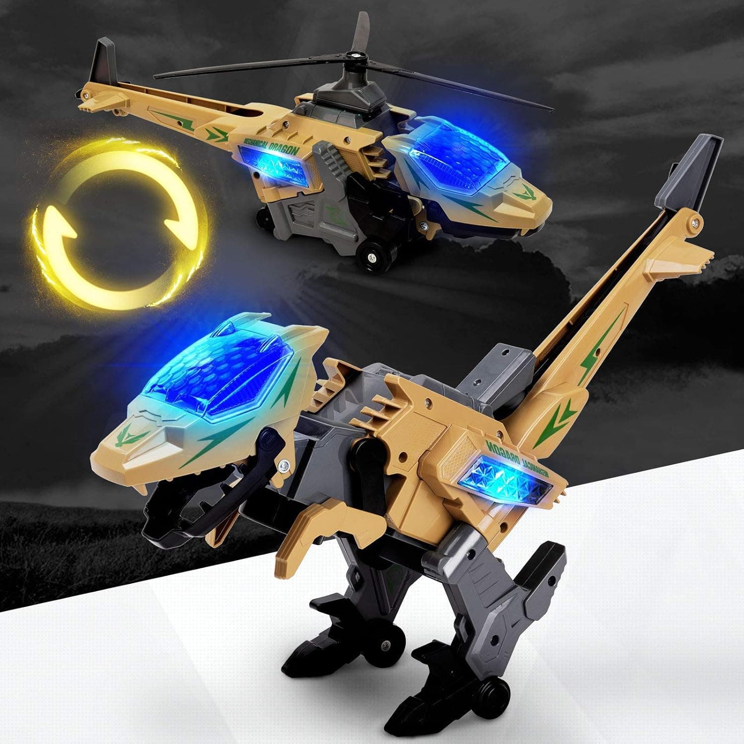 Starpony Firmament Transform Dinosaur Army Helicopter Transformable Model Tyrannosaurus and Apache Helicopter with Lights and Sounds Gift for Kids Age 3+