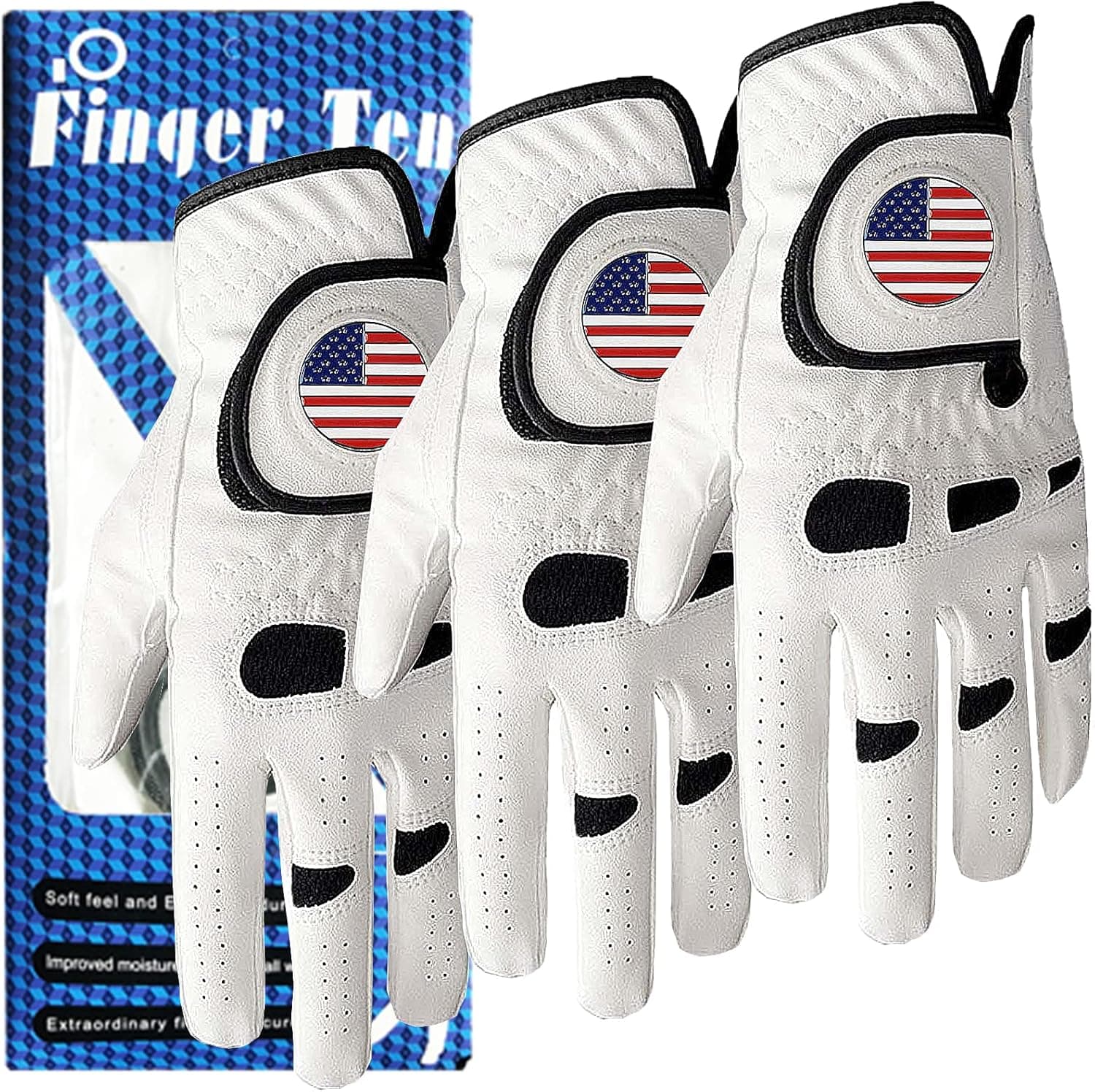 Amy Sport Golf Gloves Men Left Hand Right with Ball Marker USA Flag Value Pack,Soft Leather Weathersof Grip Soft Mens Glove Size S M ML L XL