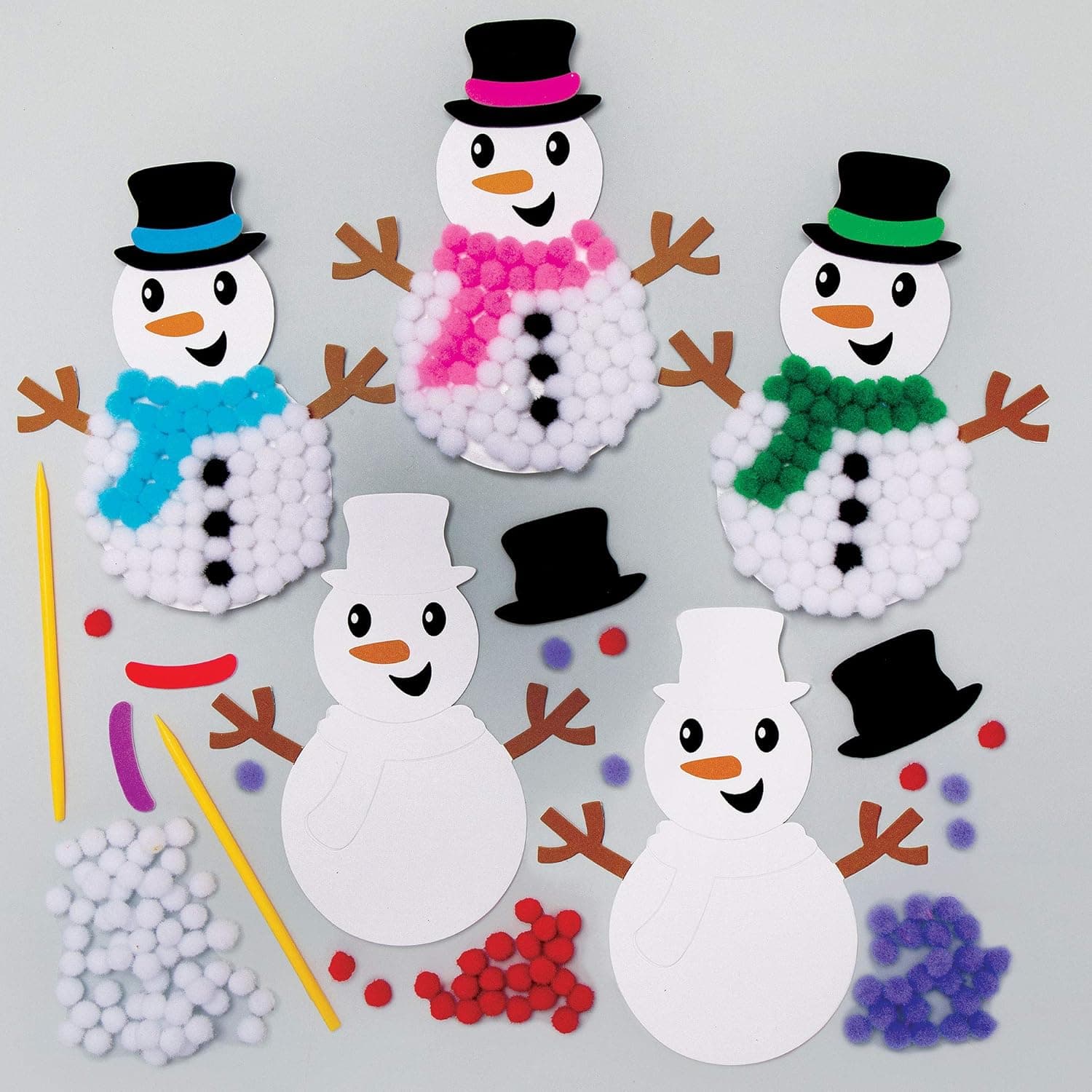 Baker Ross AX523 Snowman Pom Pom Tree Decoration Kits - Pack of 5, Homemade Christmas Ornaments for Kids Arts and Crafting Activities