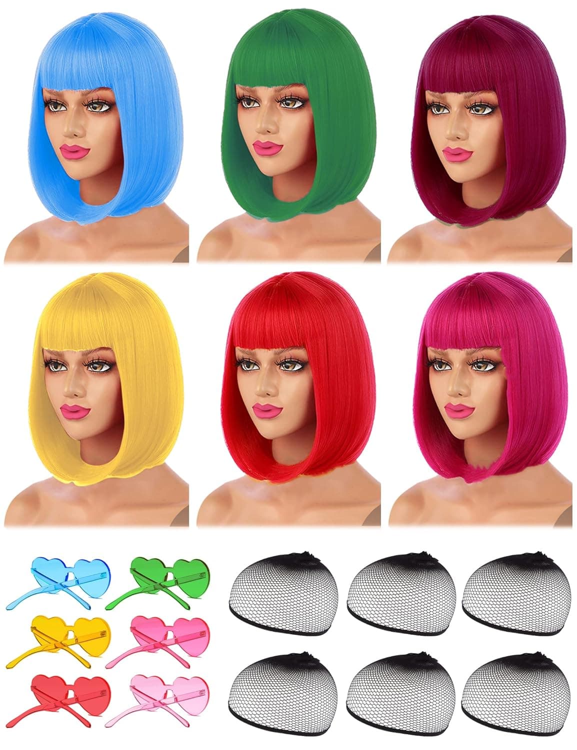 Colorful Wigs Packs, 12” Short Bob Colored Wigs Neon Wigs With Candy Color Rimless Love Heart Party Sunglasses for Cosplay Holiday Halloween & Bachelorette Party One Size Fit all Women Girls (6 colors)