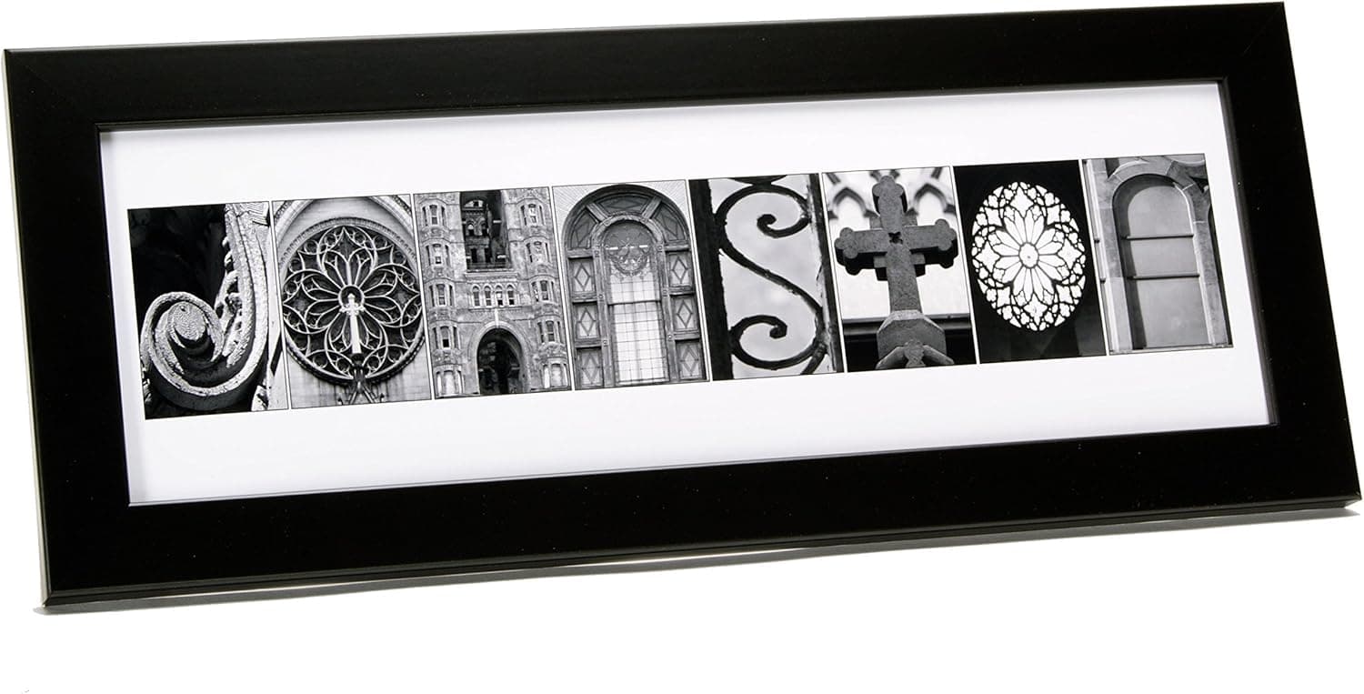 Personalized Name Created with Black and White Architectural Alphabet Photographs Including 8 by 20 inch Frame for Personalized Gift, Wedding, Graduation, Anniversary, Baby Name