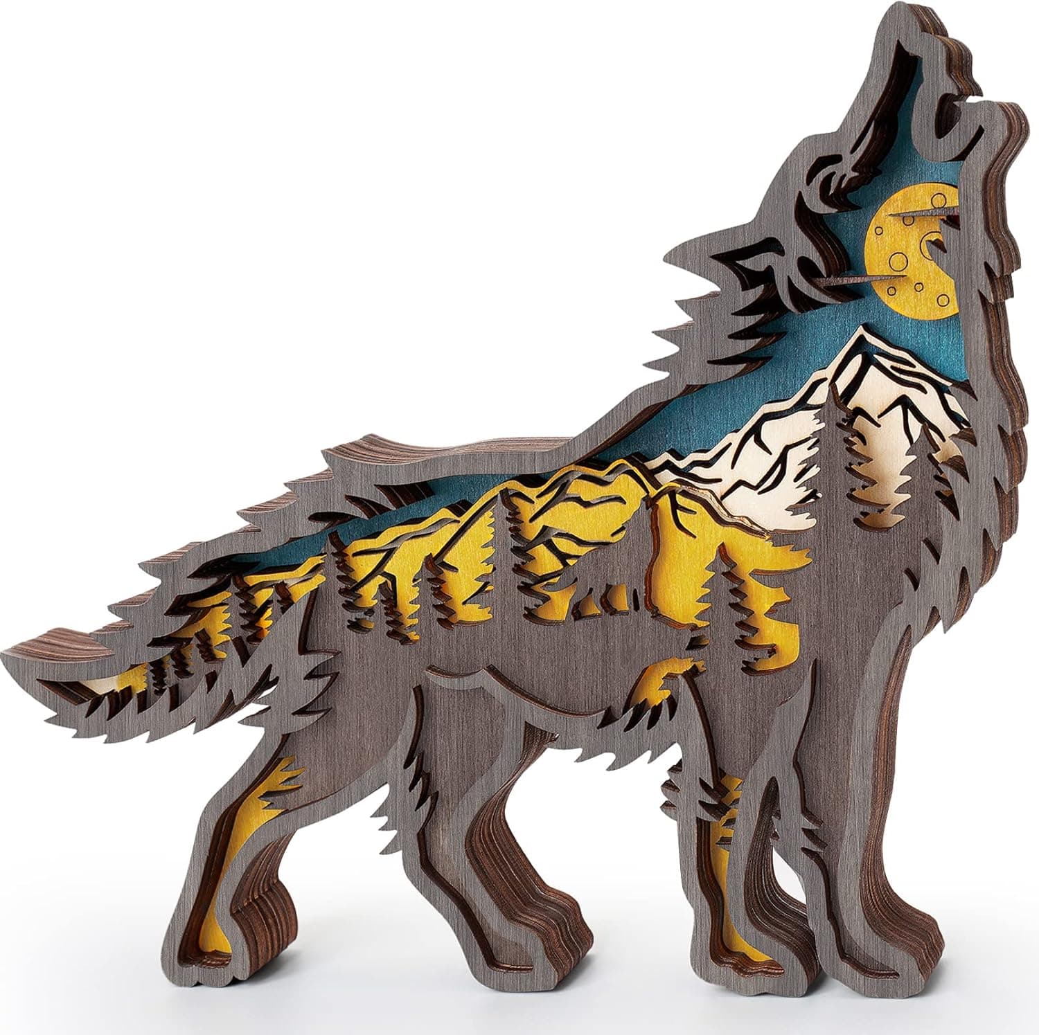 Forest Animals Wooden Wolf Decor, Wolf Figurines and Statues, Howling Wolf Desk Decor with Hollowed Multilayers, Wood Wolf Sculpture Rustic Home Decor, Wolf Decorations for Home Shelf Cabinet Table