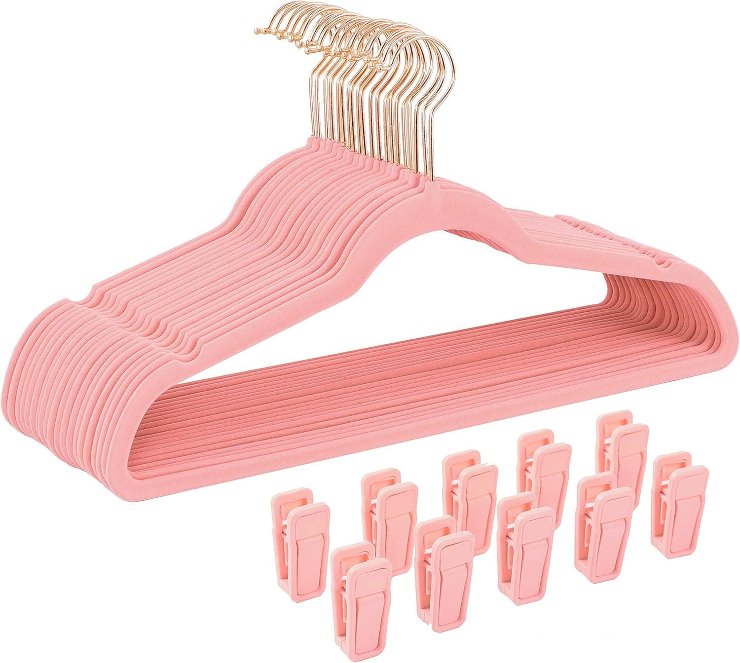 Finnhomy Heavy Duty 50 Pack Clothes Hangers with 10 Multiple Use Finger Clips, Non-Slip Sturdy Velvet Hangers, Durable Slim-Line Clothing Hangers with Copper/Rose Gold Hook, Pink