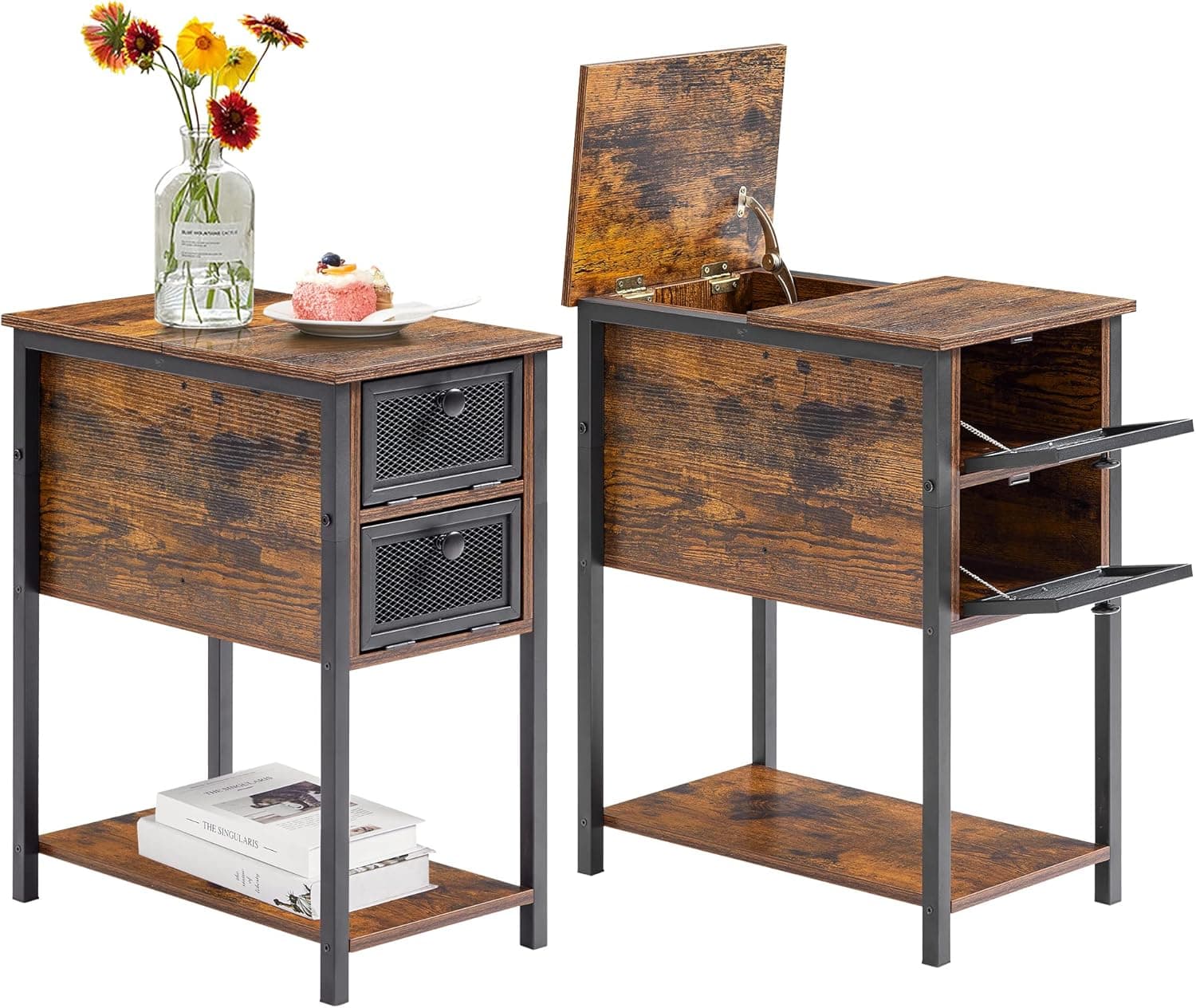 VECELO 24''Tall End Side Tables,Nightstand, Narrow Flip Top Night Stands with Storage Drawer & Metal Mesh Shelf for Small Spaces,Living Room, Bedroom, 1 Drawer, Antique Brown