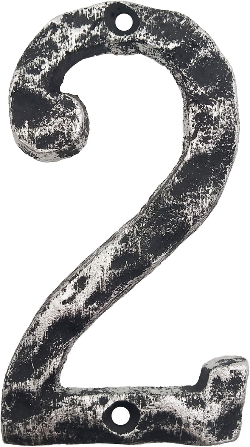 5.5 Inch House Numbers- Cast Iron Home Address Number- Solid & Heavy Duty/ Easy Install with Matching Screws, Antique Silver Finished Number 2