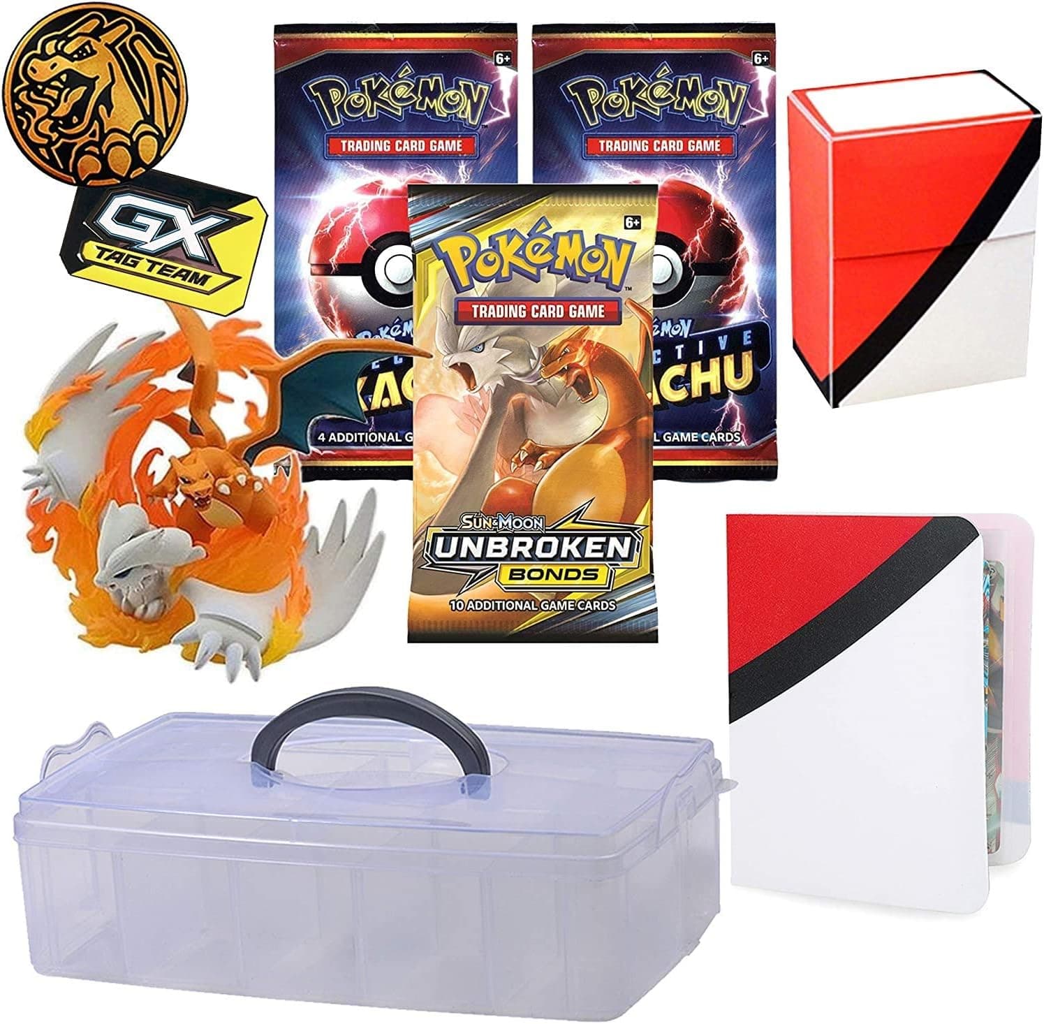 Totem World Detective Pika Case File Collector Chest Stocking Stuffer: Reshiram/Charizard Tag Team Figure, 2 DTP & 1 XY/S&M Booster Packs, 1 Deck Box, Mini Binder, Coin Inside a Storage Box
