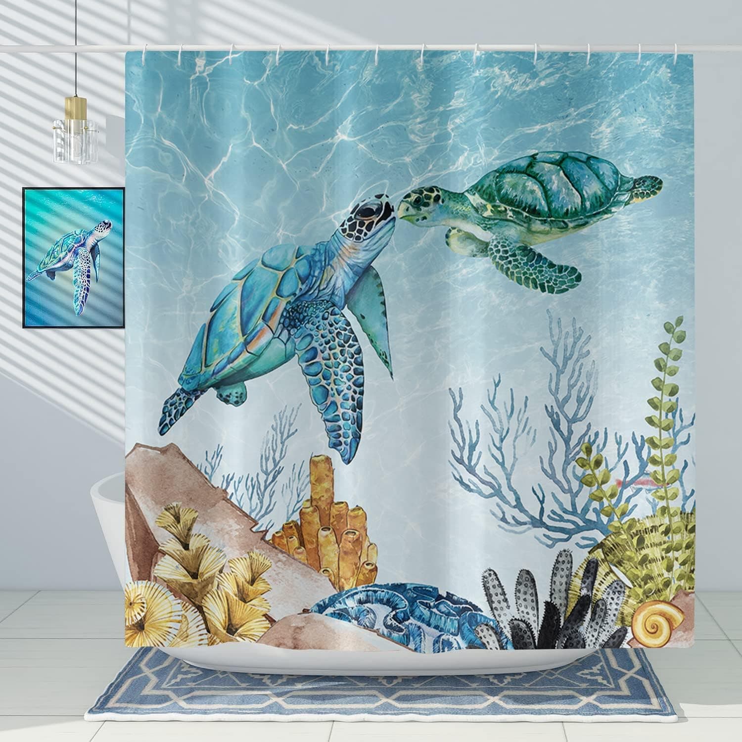 GCIREC Teal Turtle Shower Curtain, Ocean Themed Submarine Landscape Underwater Coral Aquatic Plants Bathroom Curtain for Bathtub Decor Waterproof Fabric Machine Washable with 12 Hooks