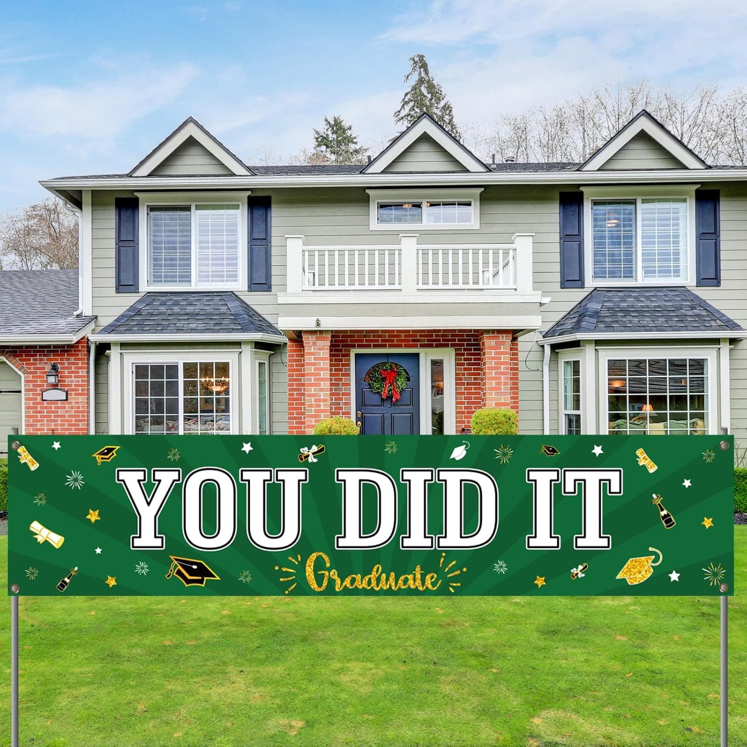 Green Graduation Party Decoration 2023 You Did It Banner Congrats Grad Party Supplies Banner Graduate Yard Banner for High School College Class of 2023 Graduates