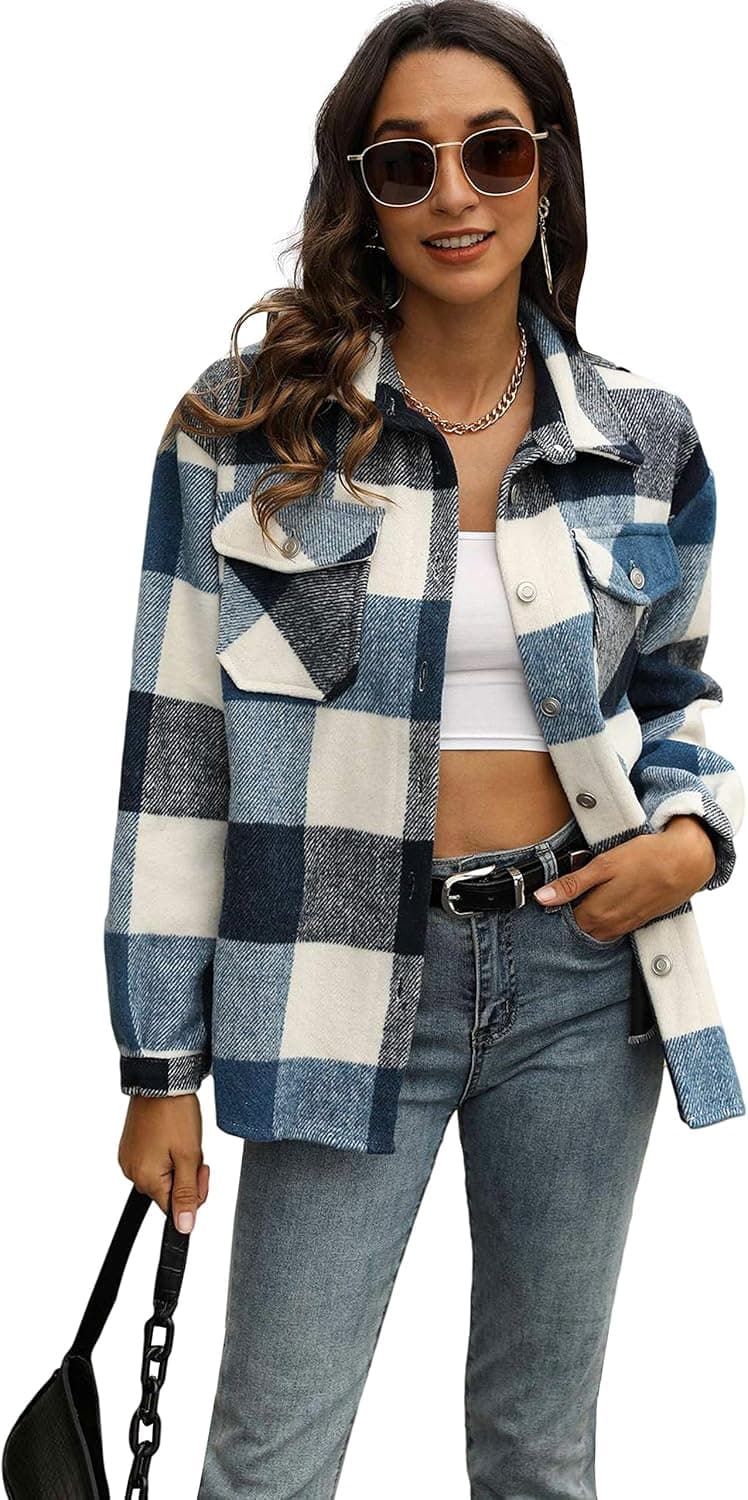 Springrain Womens Plaid Flannel Shacket Wool Blend Button Down Casual Shirt Jacket