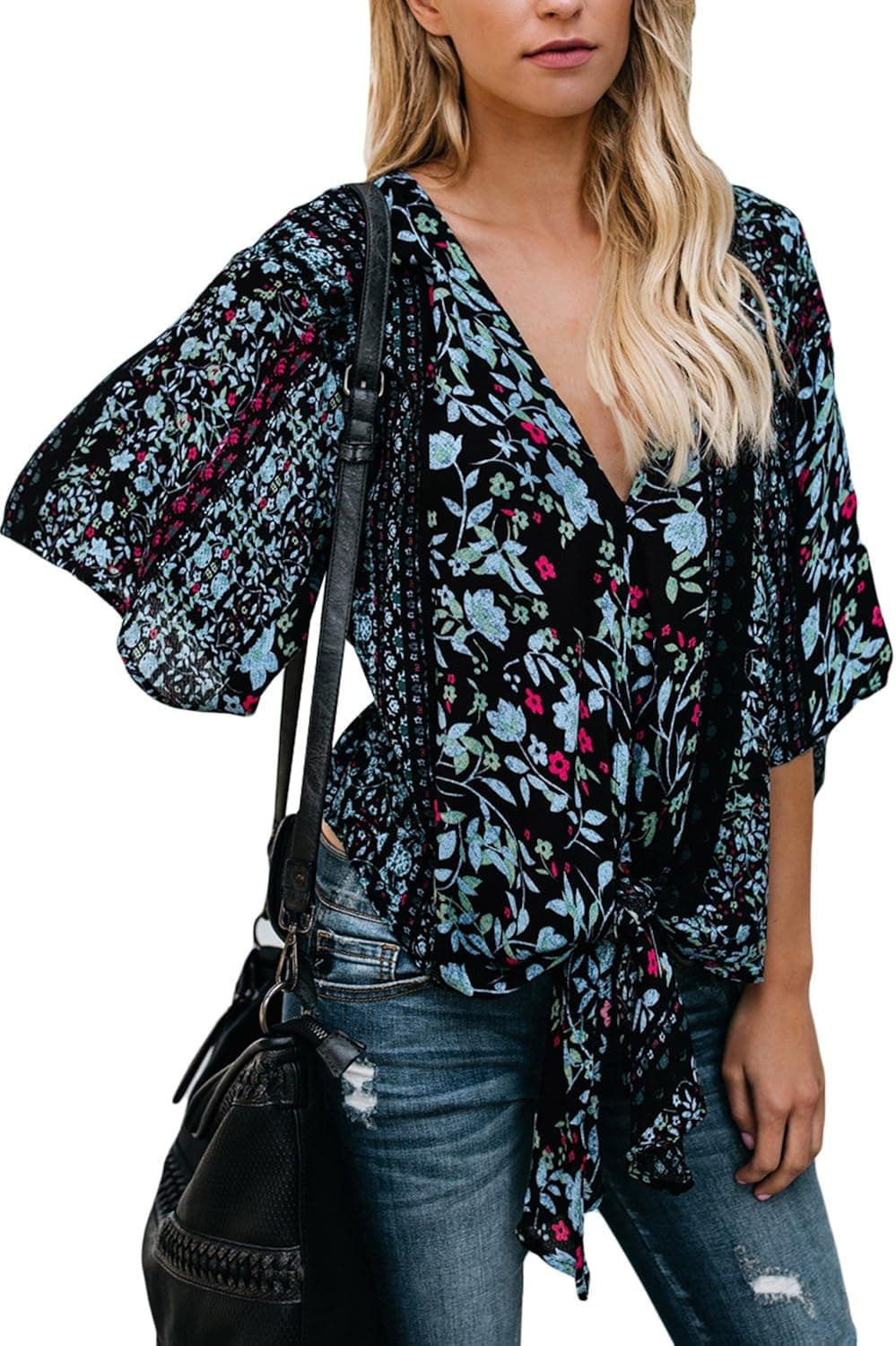 ELF QUEEN Blouse for Women Floral Print Lightweight Shirts Tie Front Kimono Sleeve Tops Black Small