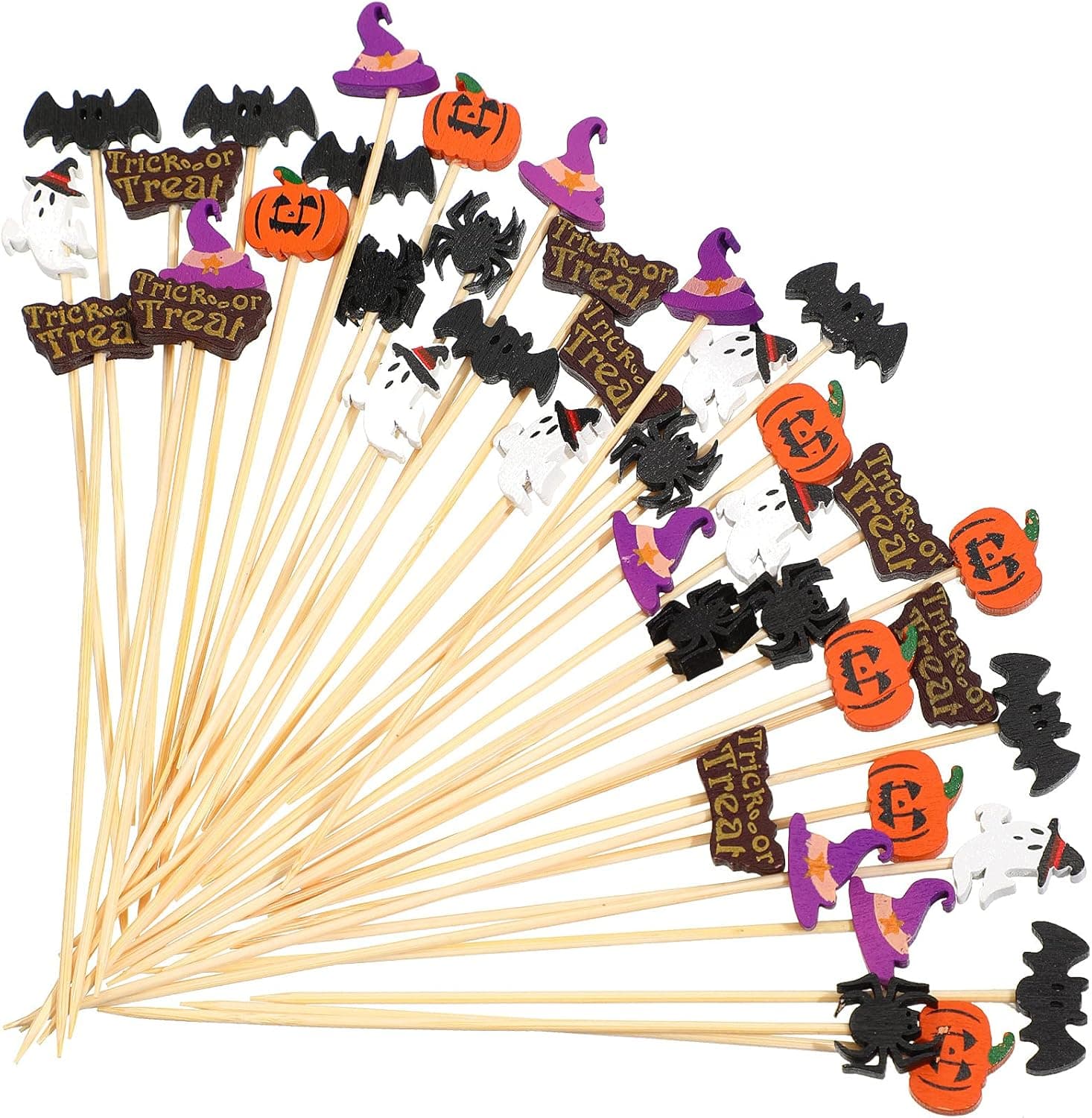 Halloween Cocktail Picks Pumpkin Spider Hat Ghost Letters Bamboo ToothPicks Appetizer Bamboo Toothpicks for Halloween Cake Food Decoration (100 Pieces)