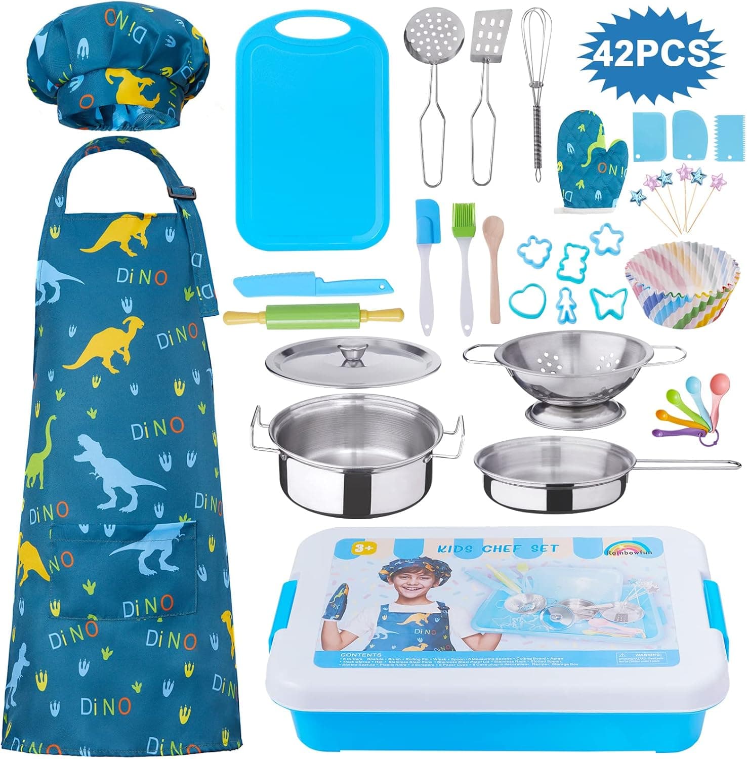 42 Pieces Kids Real Cooking Set,Kids Knife Set,Kids Baking Set,Cookware,Kids Play Pots and Pans,Mini Stainless Steel Pretend Play Cooking Toys,Apron and Chef Hat for Boys,Sensory Toys