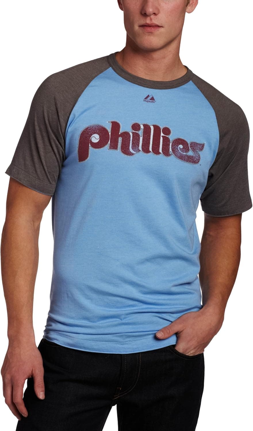 Majestic MLB Men's Philadelphia Phillies Steve Carlton Legacy of Champions Short Sleeve Crew Neck Overdyed Ringer Tee (Coastl Blue Heather/Ath Gray Heather)