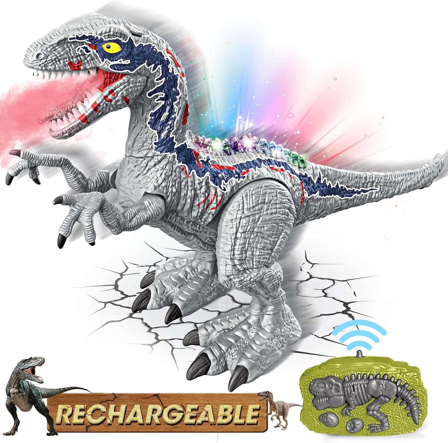 Remote Control Dinosaur Toys for Kids Large RC Dinosaur Robot with Simulated Flame Spray 360° Rotation Rechargeable Jurassic Velociraptor Electric Dinosaur Toys for 3 4 5 6 7+ Years Gift for Boys