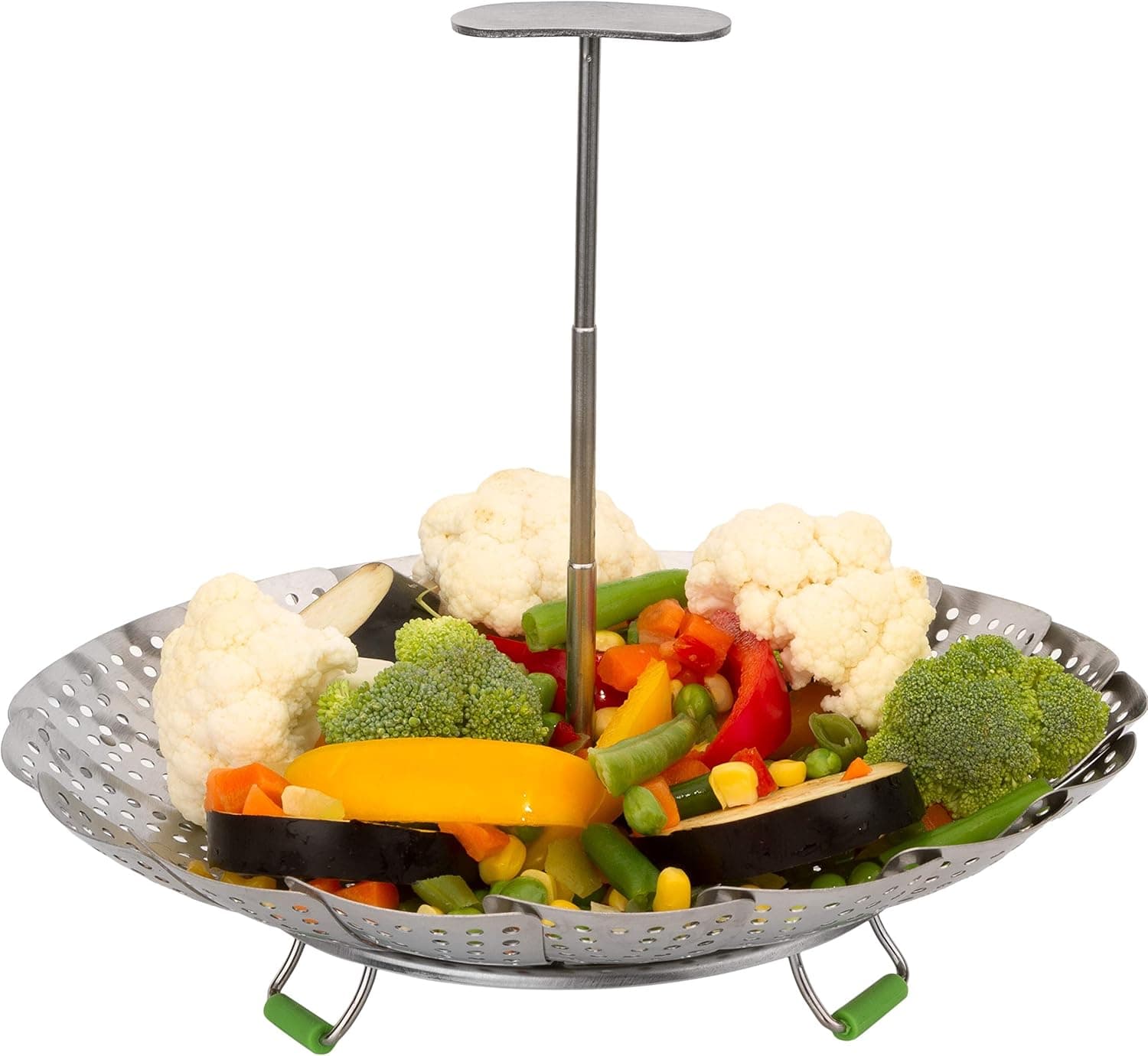 Instant Pot Veggie Steamer Basket - 3, 5, 6 & 8 qt.- Extendable Handle, Foldable Legs with Silicone Feet. Food Steamer - Instant Pot Accessories.100% Stainless Steel (SS Ext.Handle -Std)