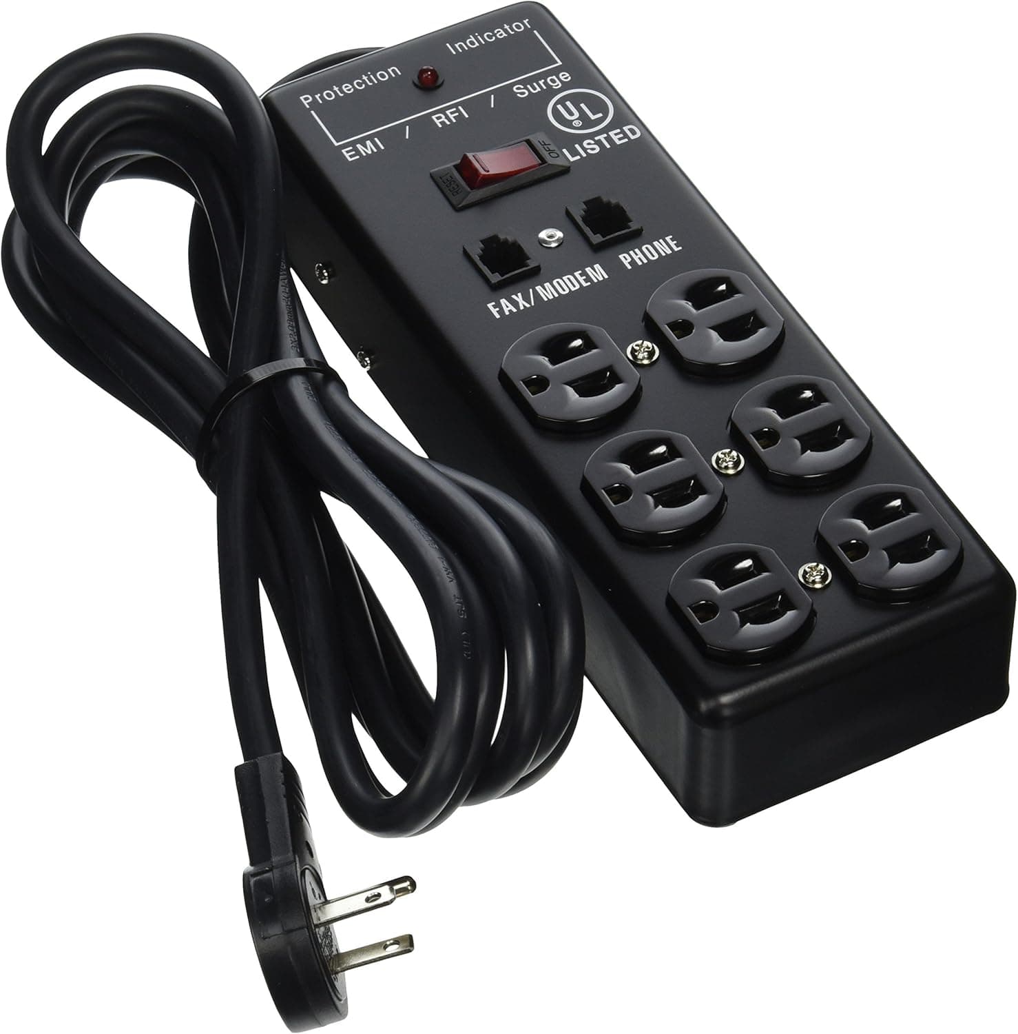 eDragon Surge Protector, Flat Rotating Plug, 6 Outlet, Black, Metal, Commercial Grade, 1 X3 MOV, EMI & RFI, Modem Protector, Power Cord 10 Foot