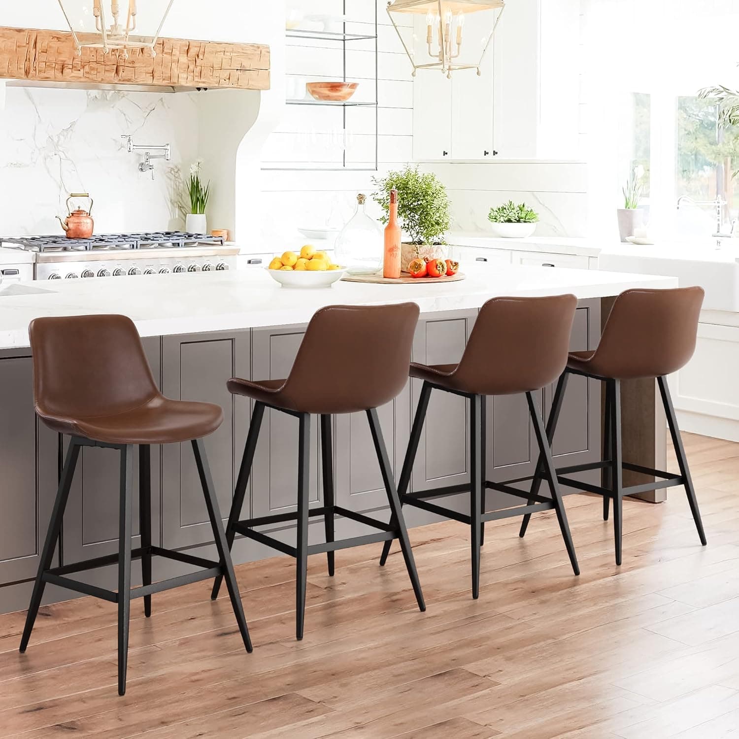 Cozyman Armless Bar Stools,26"，Upholstered Bar Stool with Back Set of 4,Faux Leather Performance Material in Dark Brown, Dining Room Chairs with Metal Legs, Suitable for Home, Bistro Coffee Shop