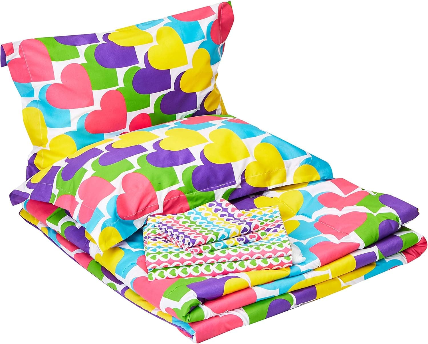 dream FACTORY Kids 7-Piece Complete Set Easy-Wash Super Soft Microfiber Comforter Bedding, Full, Multicolor Rainbow Hearts