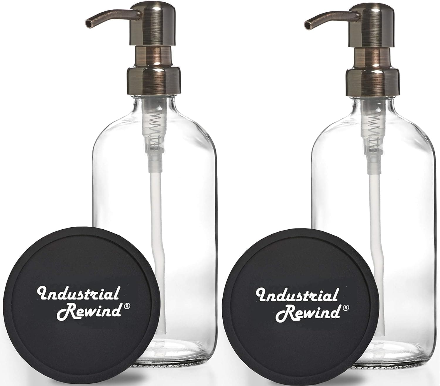 Industrial Rewind 8oz Clear Glass Soap Dispenser with Metal Pump and Coasters for Non Slip Bottom/Countertop Protector - 2pk Soap or Lotion Bottle (Clear/Bronze, 8oz)