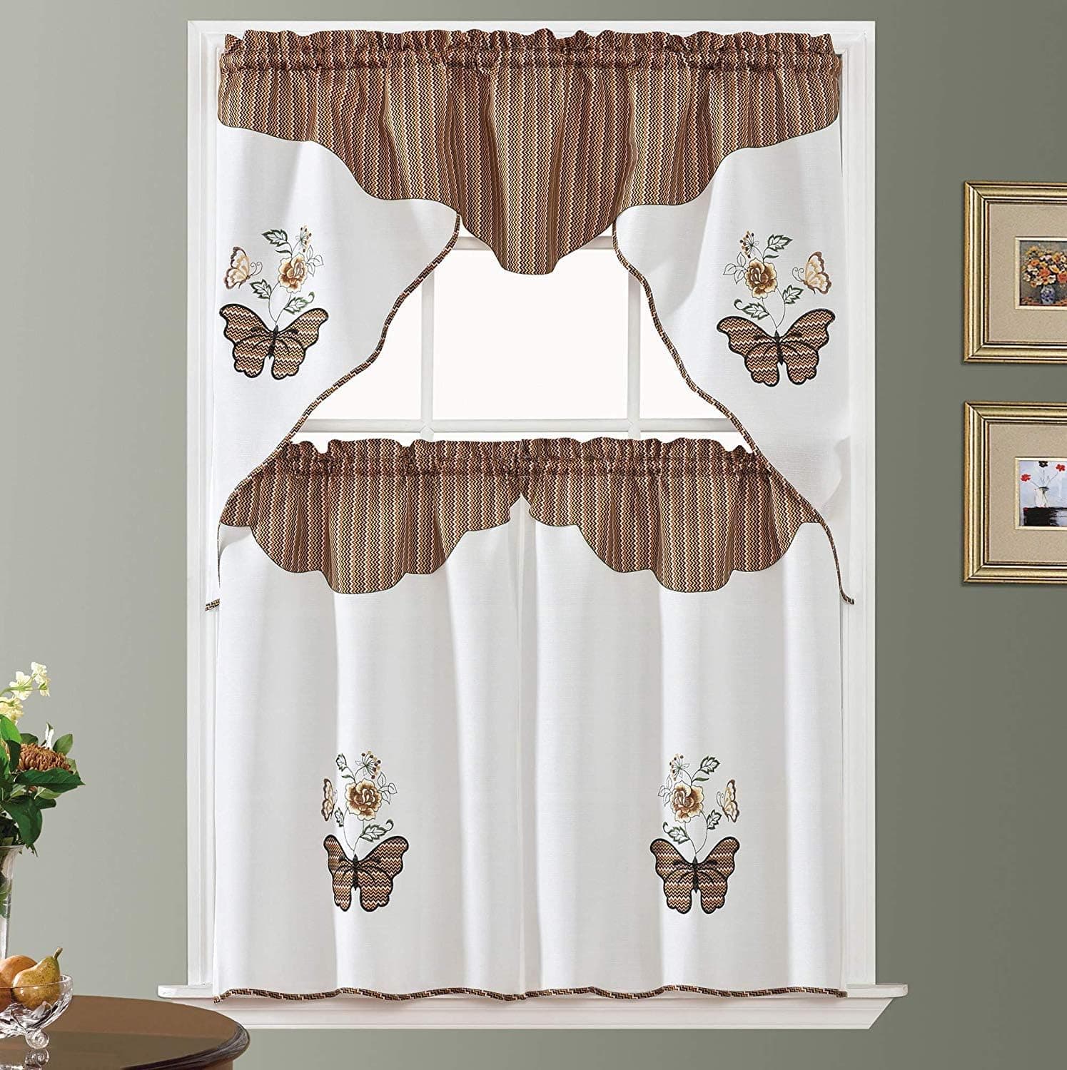 Butterfly Applique. 3pcs swag valance and tiers set. Big Butterfly Applique of print fabric and matching color embroidery of rose and butterfly combination. (Cinnamon Ripple)