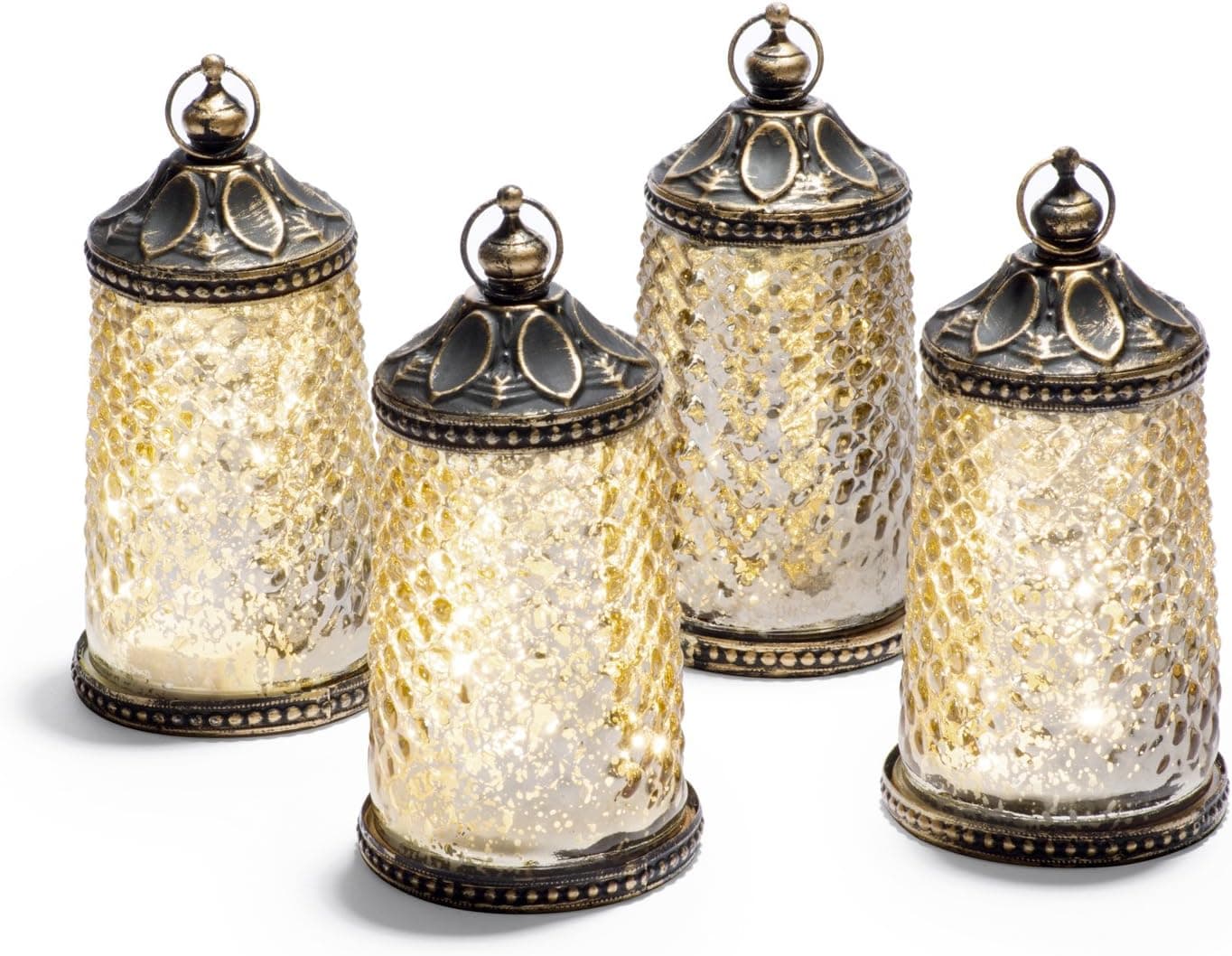 Gold Mercury Glass Lanterns - Set of 4, Warm White LED Lights, 5.5 Inch Height, Antique Bronze Accents, Eid & Ramadan Decorations, Wedding Decor, Battery Operated