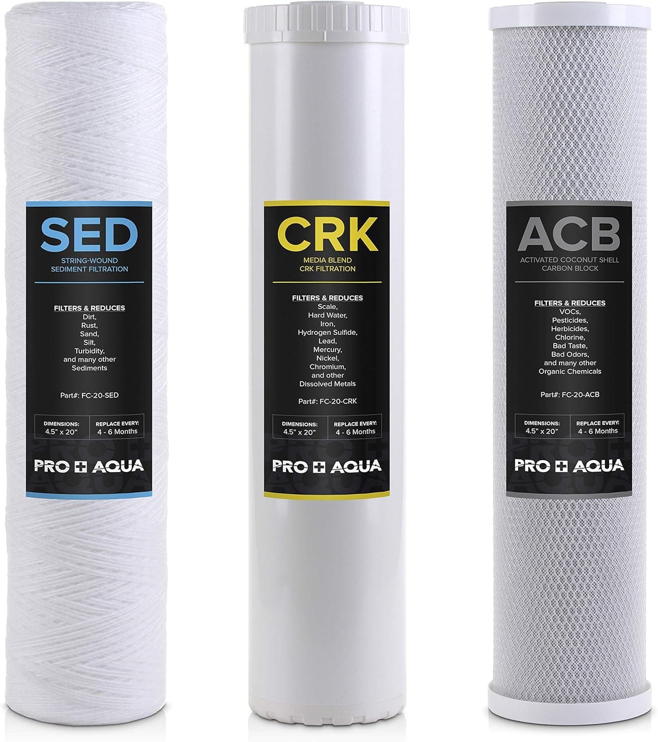 PRO+AQUA Whole House Heavy Metals Well Water Filter Replacement Set - 3 Stage, Sediment, KDF/Blend, Carbon Block - 20", 5 Microns