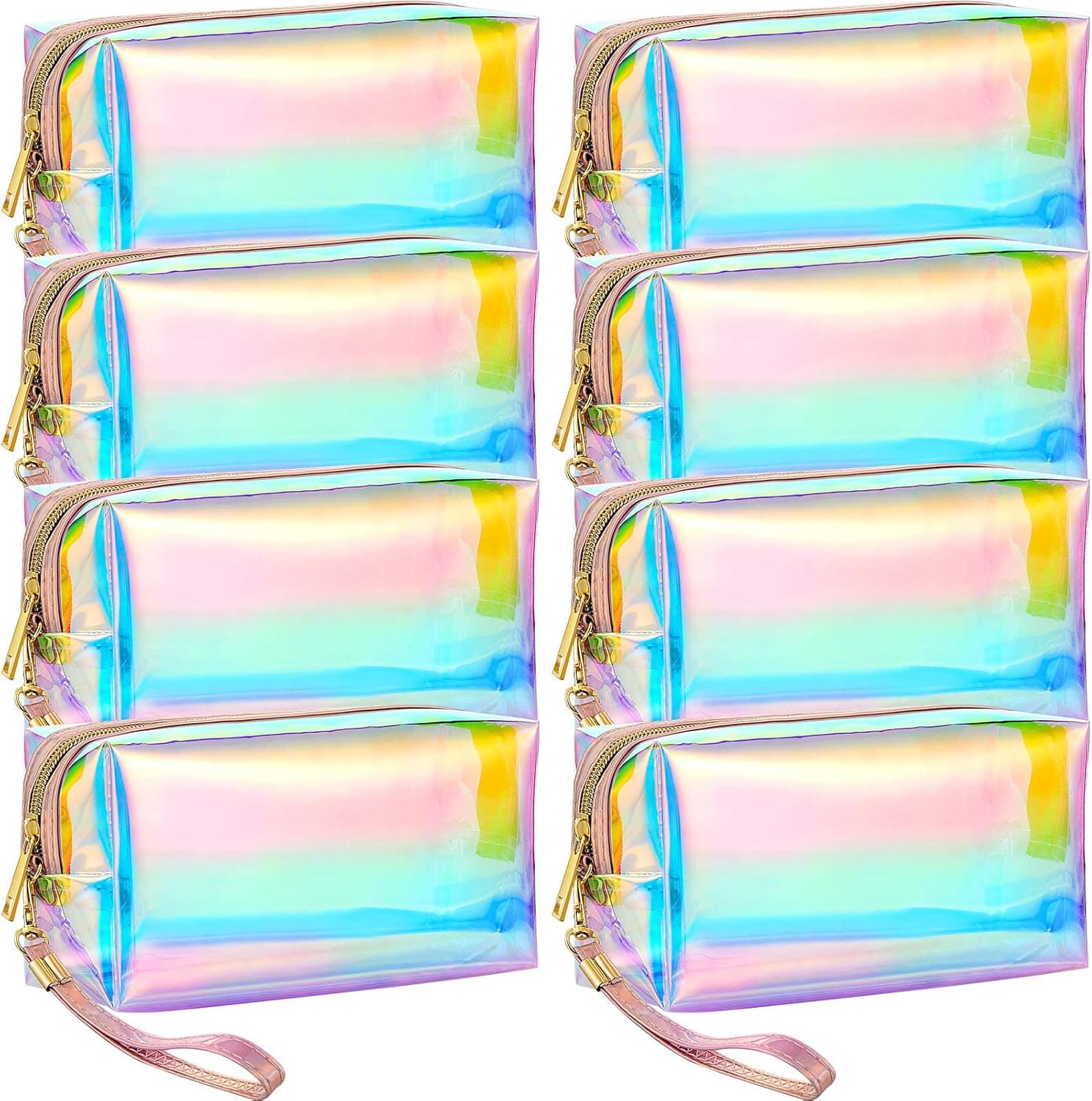 8 Pcs Holographic Clear Makeup Bags with Zipper Travel Cosmetic Bags Iridescent Makeup Pouches with Wrist Loop Waterproof Toiletry Organizer Case for Home Office Purse Diaper Bag Vacation Gifts