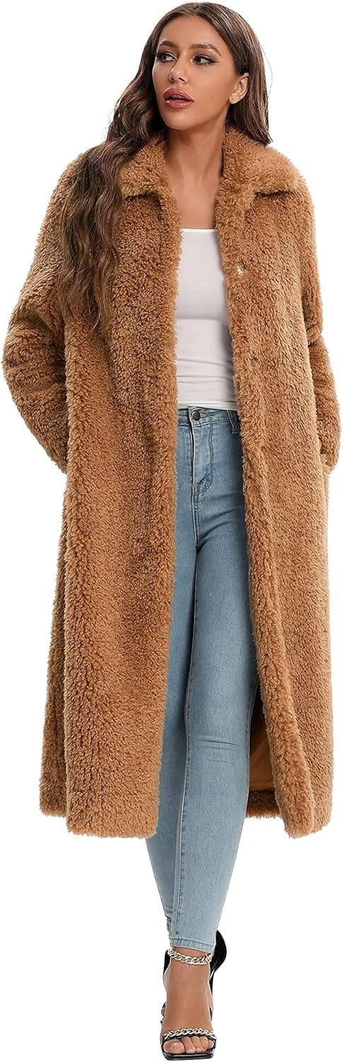 Women Faux Fur Winter Coats Open Front Long Cardigan Coat Warm Women's Fuzzy Fleece Jacket Overcoat Outwear with Pocket S-XXL