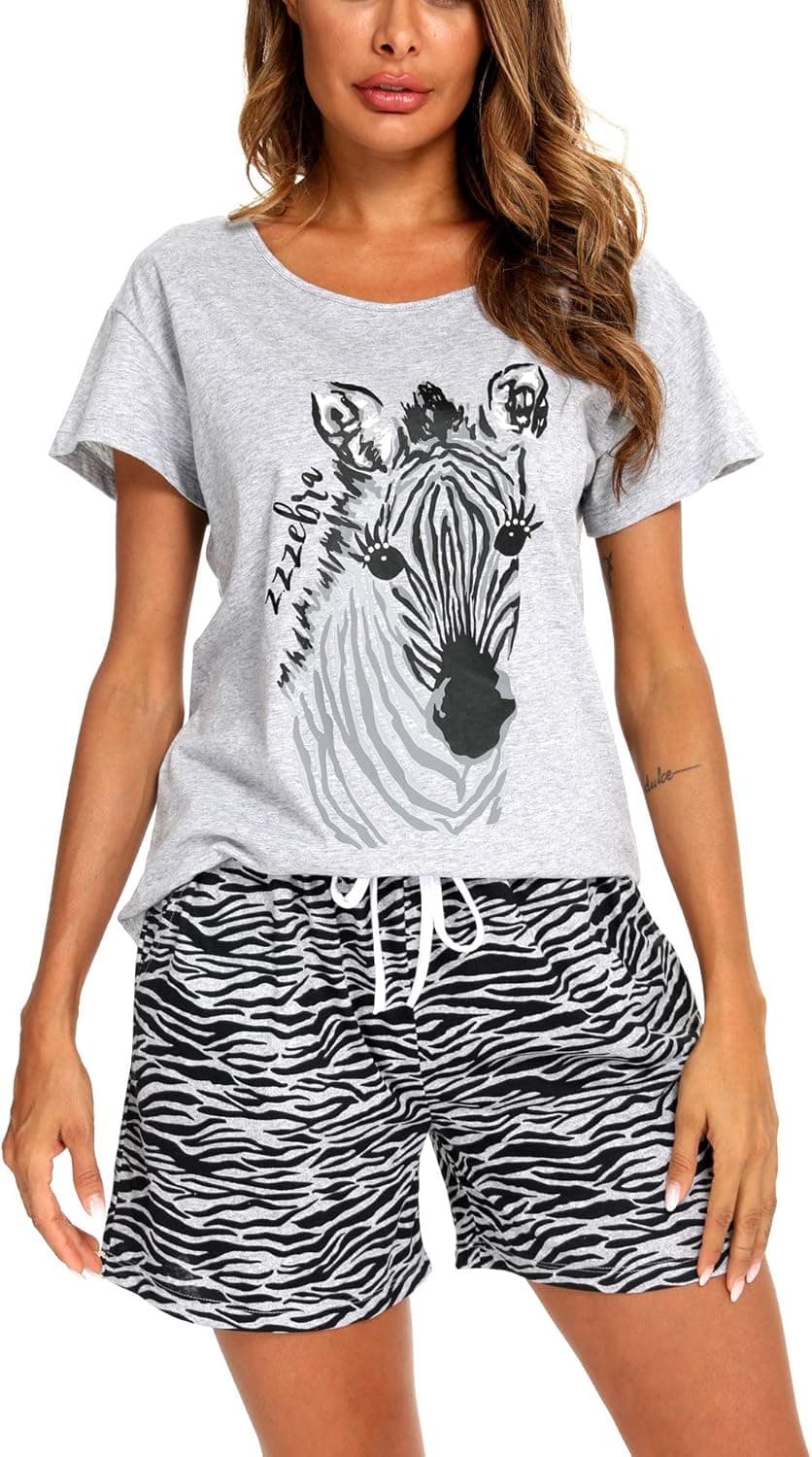 ENJOYNIGHT Women's Cute Sleepwear Print Tee and Shorts Pajama Set