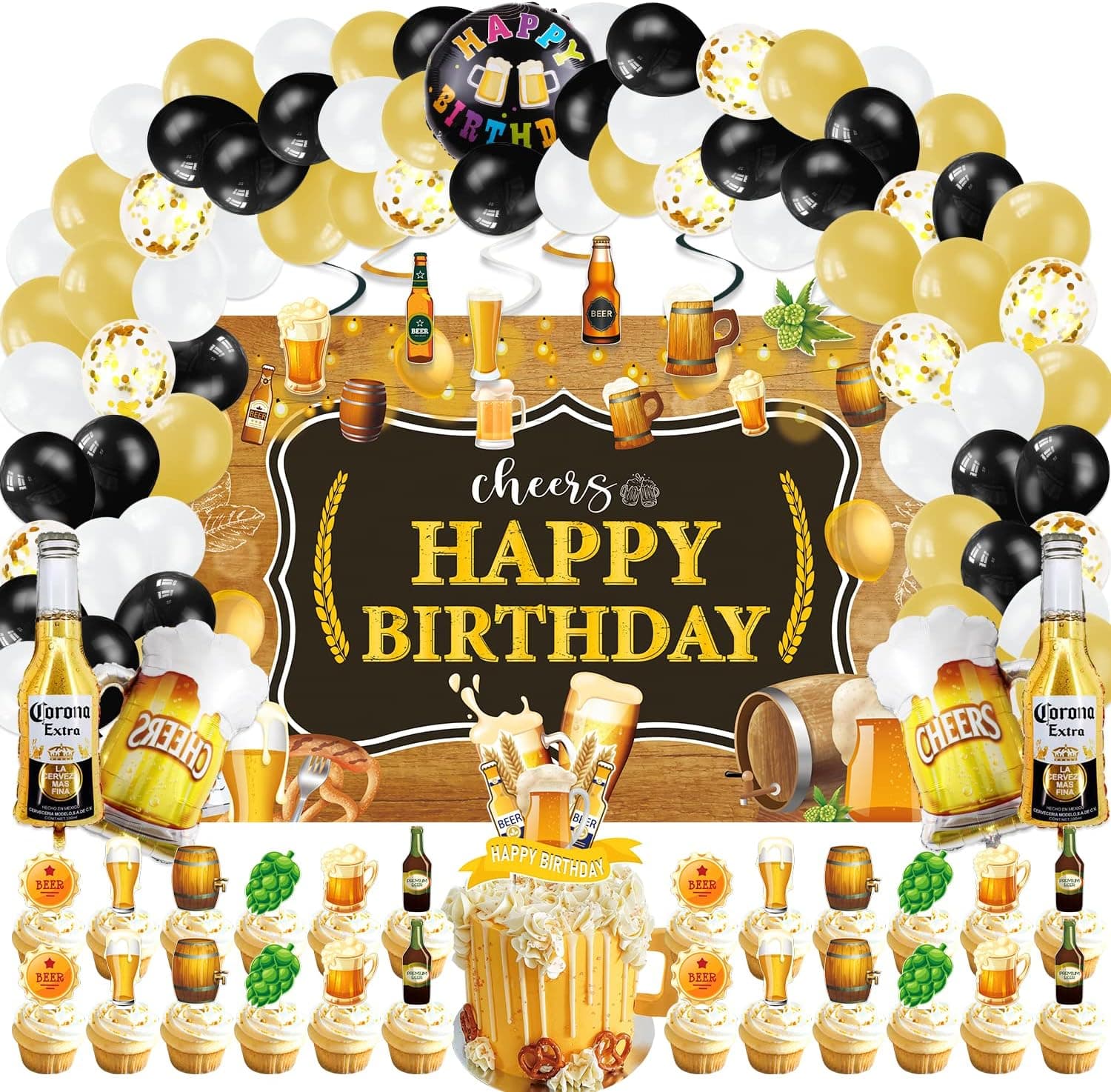 Beer Birthday Party Decorations for Men, 110 Pcs Aged to Perfection Party Supplies Balloons Garland Arch Kit for Mens 30th 40th 50th - Backdrop, Cake, and Cupcake Toppers, Latex Balloon, Foil Balloon, Hanging Swirls